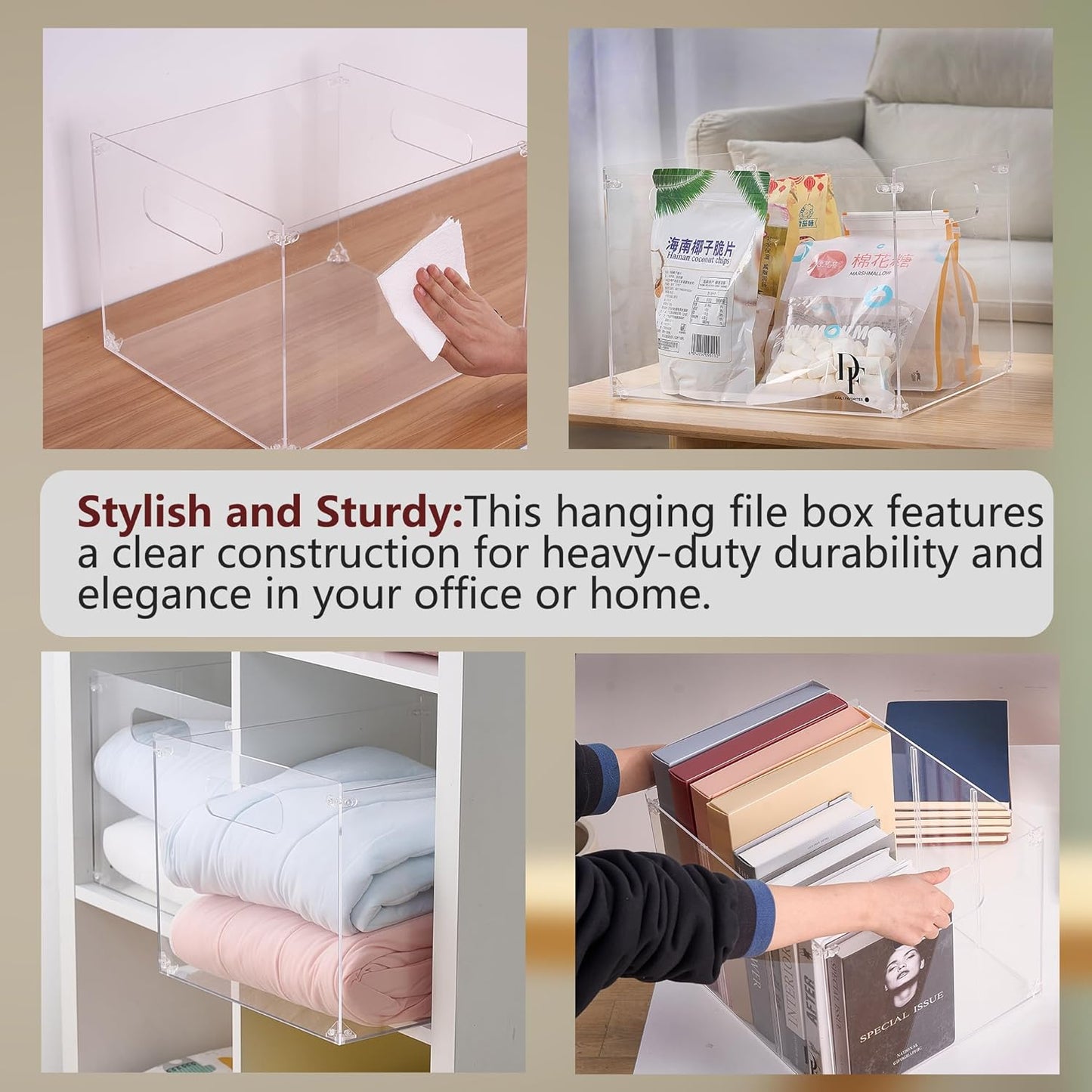 DF Acrylic File Holder with Handles - Acrylic File Organizer - Clear File Box for Letter Size/A4 Folder Holder - Desktop Hanging File Organizer (Without Partition)