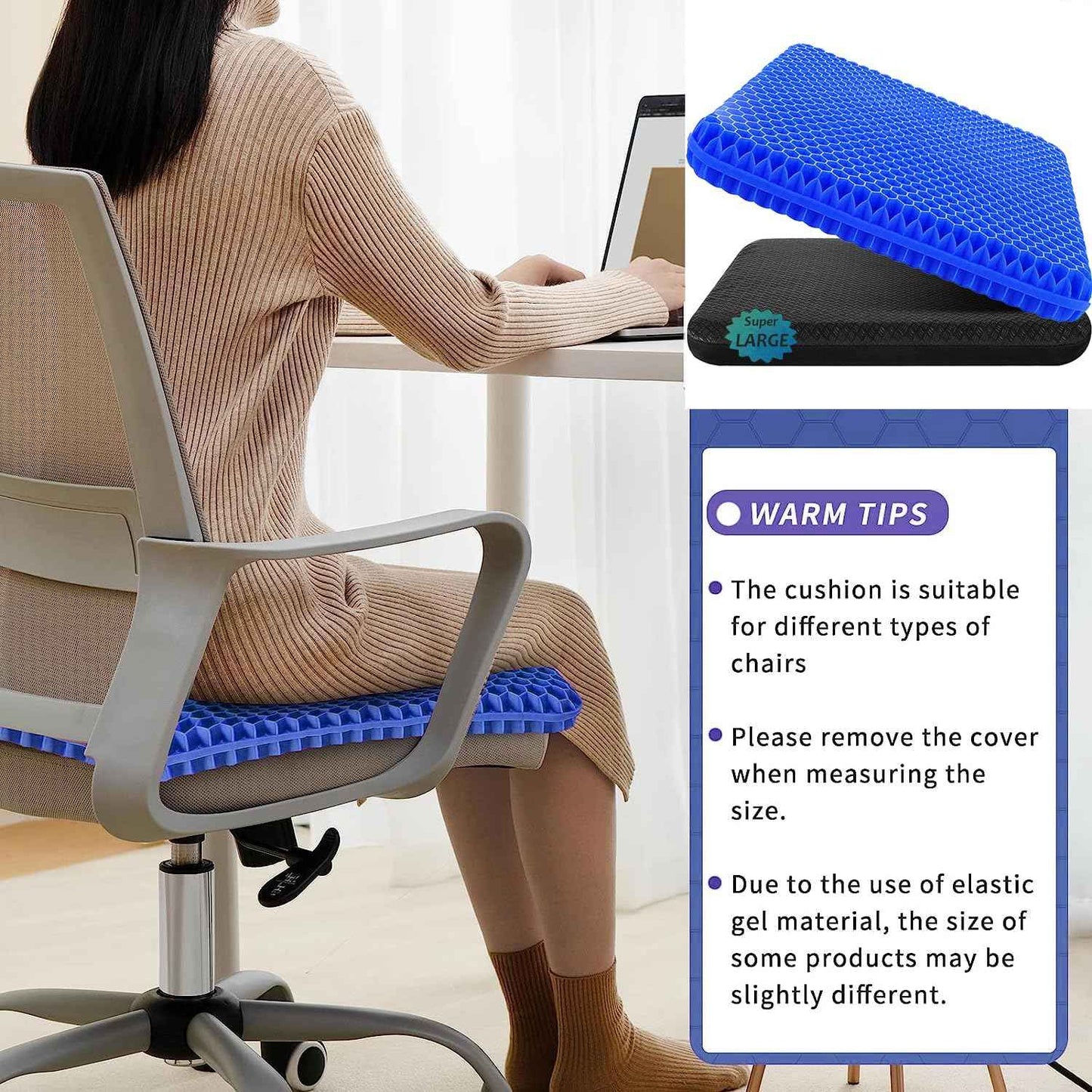 Gel Seat Cushion, Super Large (19x18x1.6inch) Gel Cushion Chair Pads with Non-Slip Cover for Home Office Car Seat Wheelchair, Soft Breathable Honeycomb Seat Cushion for Relieve Hip Pain