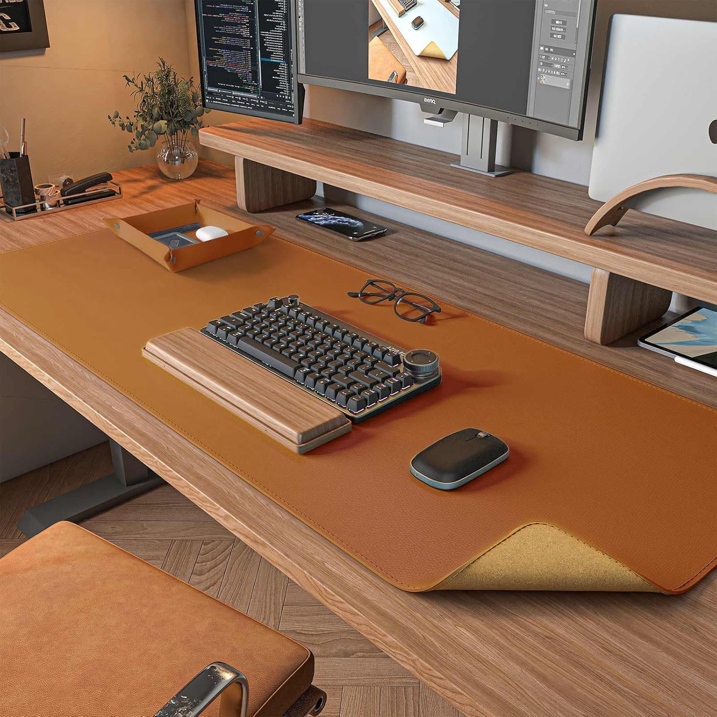 DAWNTREES Dual Sided Desk Mat,Leather Desk Pad,Brown 35.5"x17",Cork Desk Mat Protector,with PU Leather Valet Tray Organizer,Large Mouse Pad,Desk Writing Pad for Office and Home