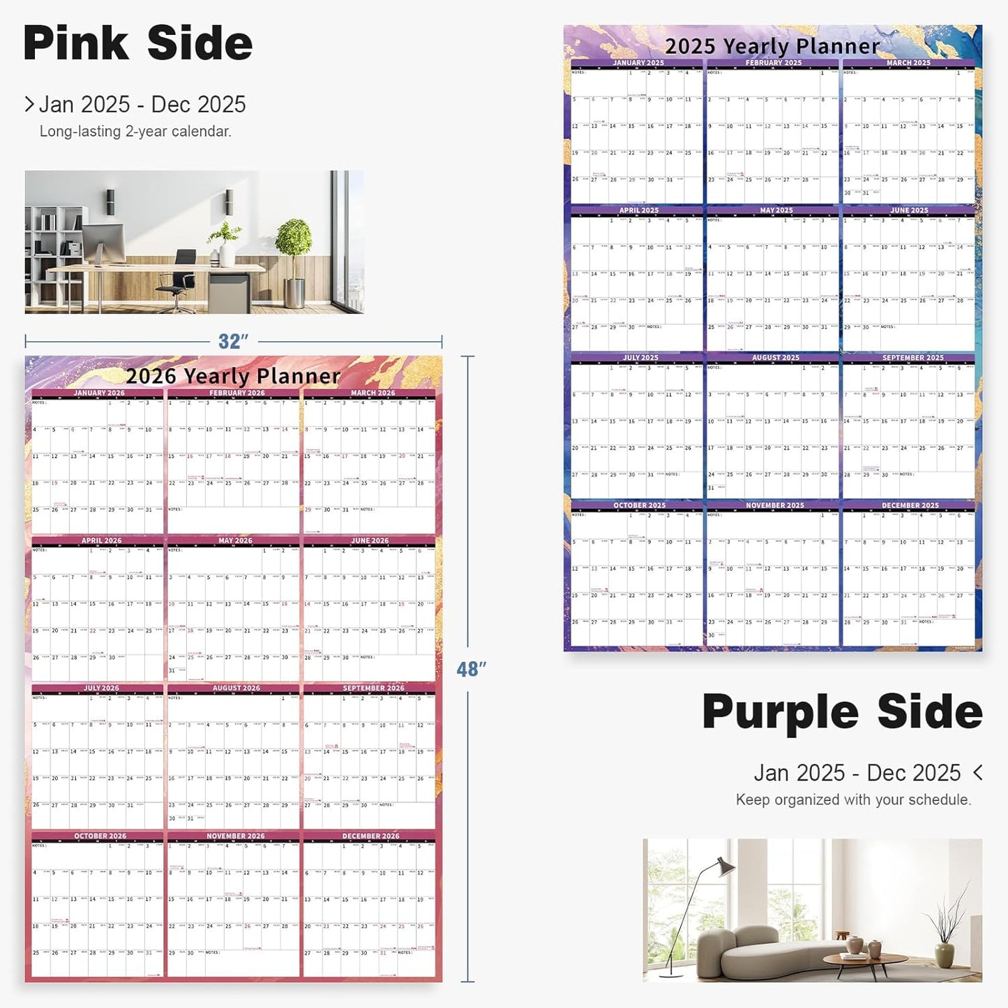 Ospelelf Large Dry Erase Calendar for Wall - 32'' x 48'' Vertical Calendar Laminated Yearly Family Calendar for Office, Use Jan 2025 - Dec 2026 (Marble)