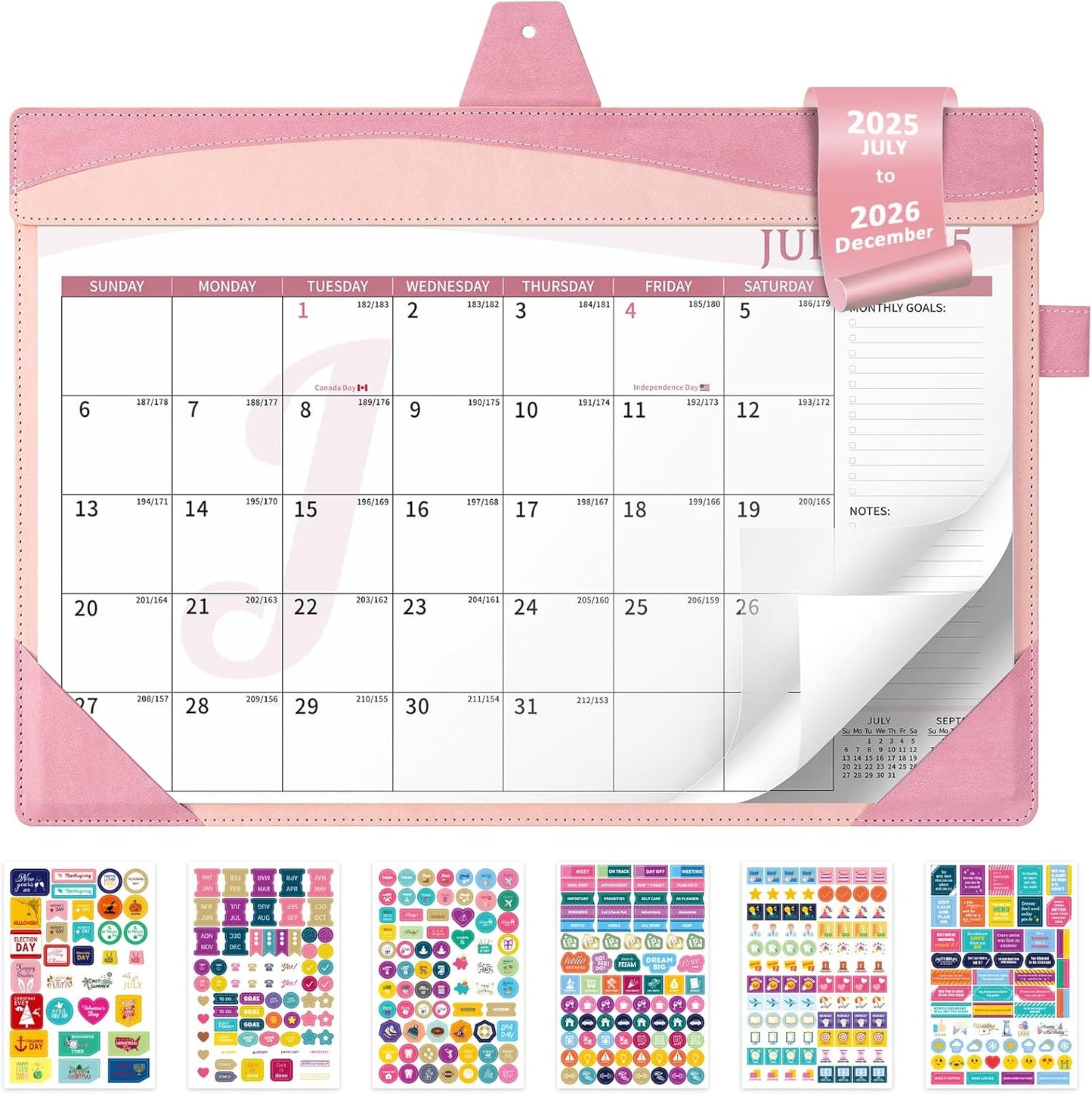 Ospelelf Leather Desk Calendar 2025-2026 Large 12"x17" Monthly Planner Pad with Protective Cover 18 Months July 2025 to Dec 2026 Pink