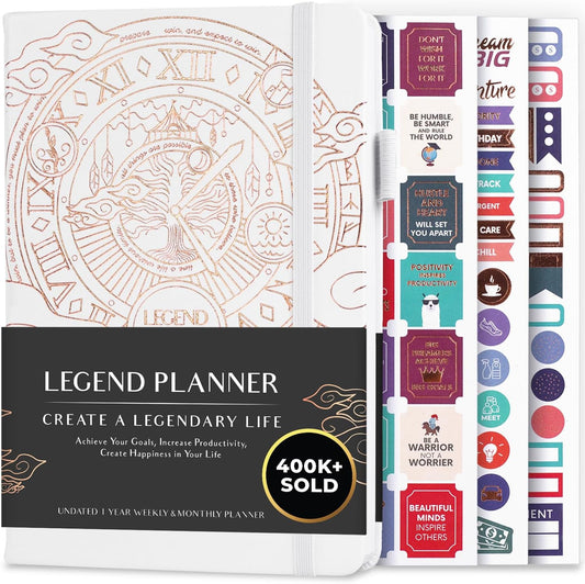 Legend Planner – Weekly & Monthly Life Planner to Hit Your Goals & Live Happier. Organizer Notebook & Productivity Journal. A5 (White)