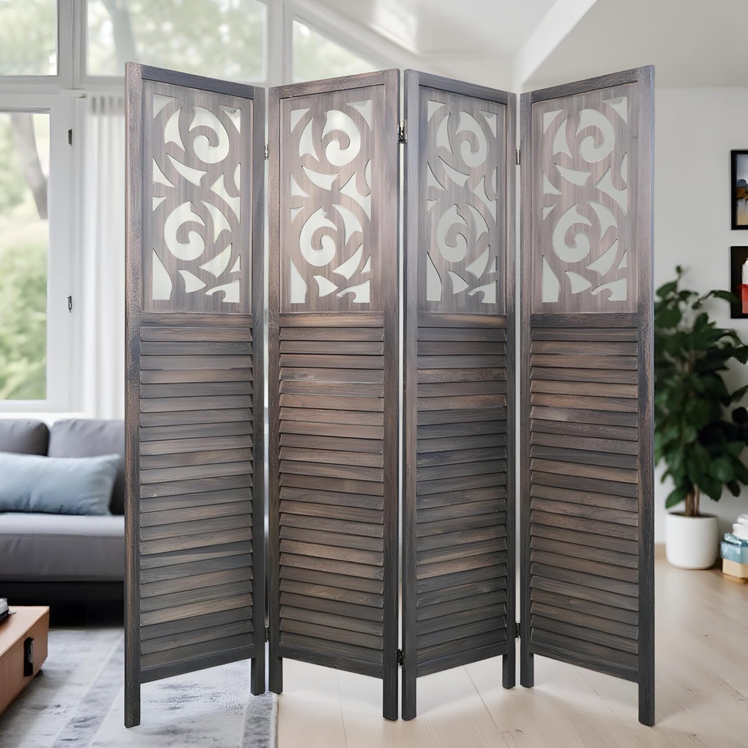 NicBex 4 Panel Room Divider,5.6FT Wood Carved Room Dividers,Folding Privacy Screens Portable Freestanding Partition Wall Dividers for Room Separation,Home Bedroom Office,Rustic Brown - Lumora Desk