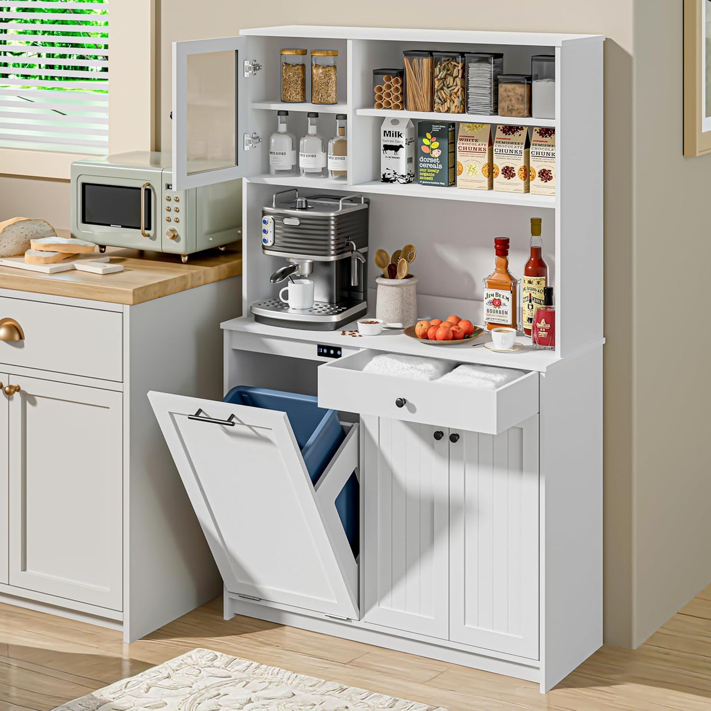 OLD CAPTAIN Tilt Out Trash Cabinet with Deodorising Function, Kitchen Hutch with Microwave Shelf and Drawer, Kitchen Pantry with Trash Cabinet for 10 Gallons, White