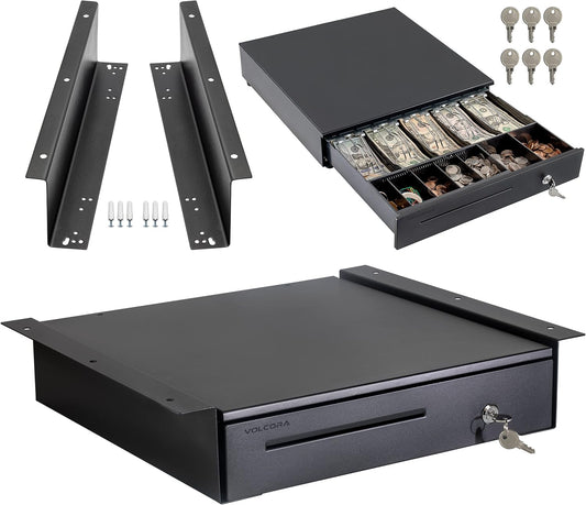 Volcora Cash Register Drawer with Under Counter Mounting Metal Bracket - 16" Black Cash Drawer for POS, 5 Bill 6 Coin Cash Tray, Removable Coin Compartment, 24V RJ11/RJ12 Key-Lock, Media Slot
