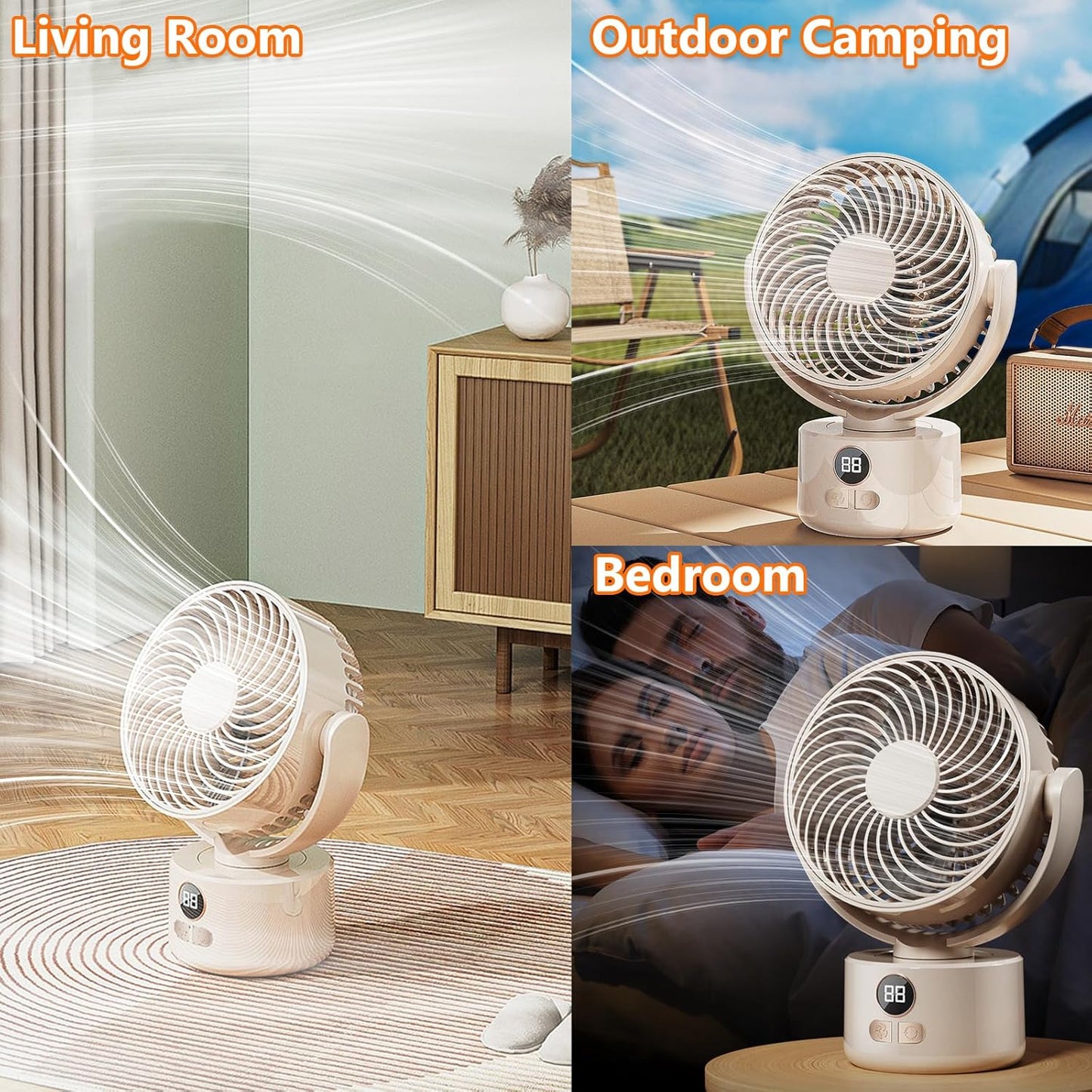3-Speed USB Desktop Fan with 3600mAh Battery | Quiet Bionic Feather Blades, 140° Tilt & Auto Shake | Portable Cooling for Home, Office Fan, Camping (Beige)