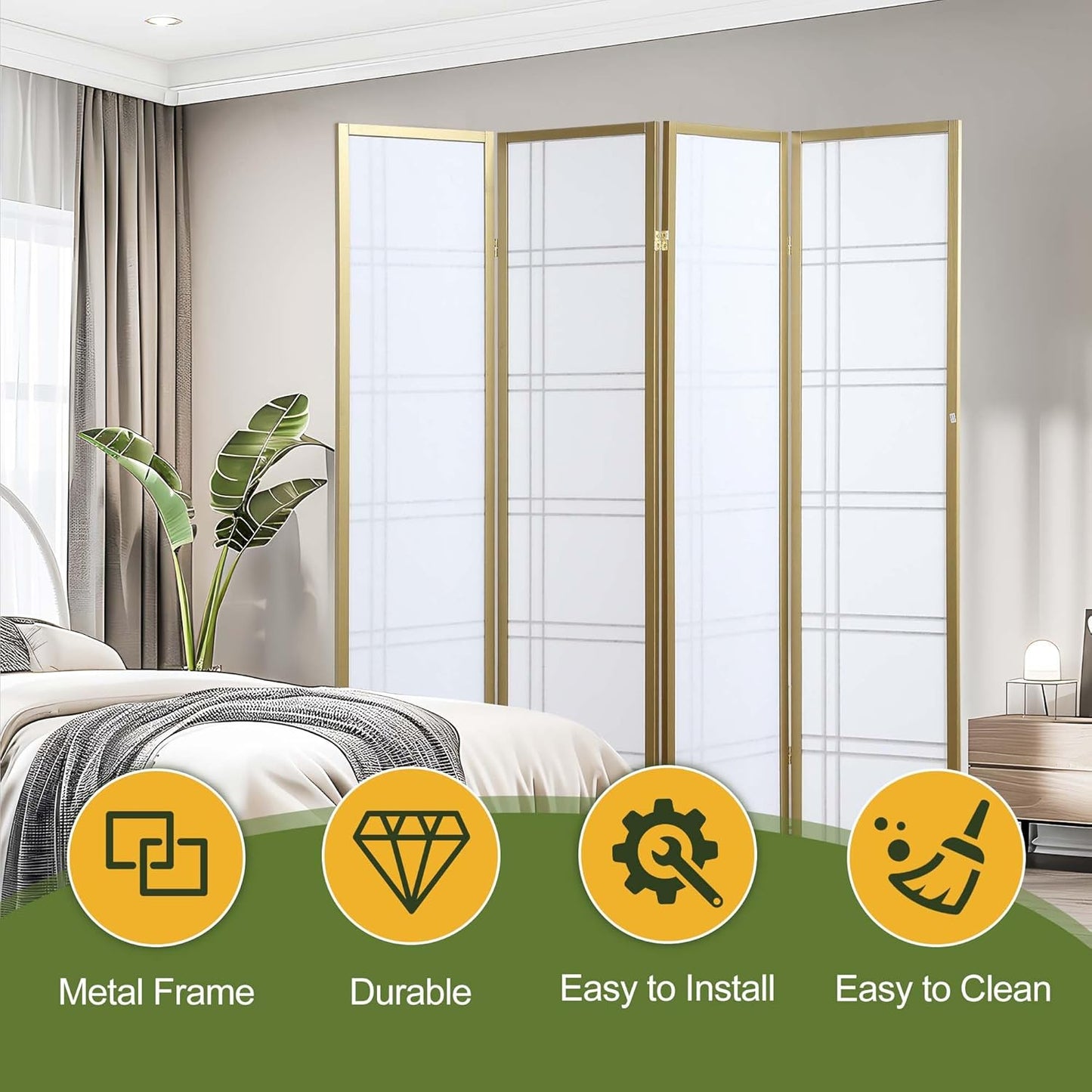 NicBex Room Divider 4 Panel Room Dividers with Paper-Looking Partition Room Dividers and Folding Privacy Screens Wall Divider for Home, Office, Room Separation,72" W x 1" D x 70" H, White+Gold - Lumora Desk