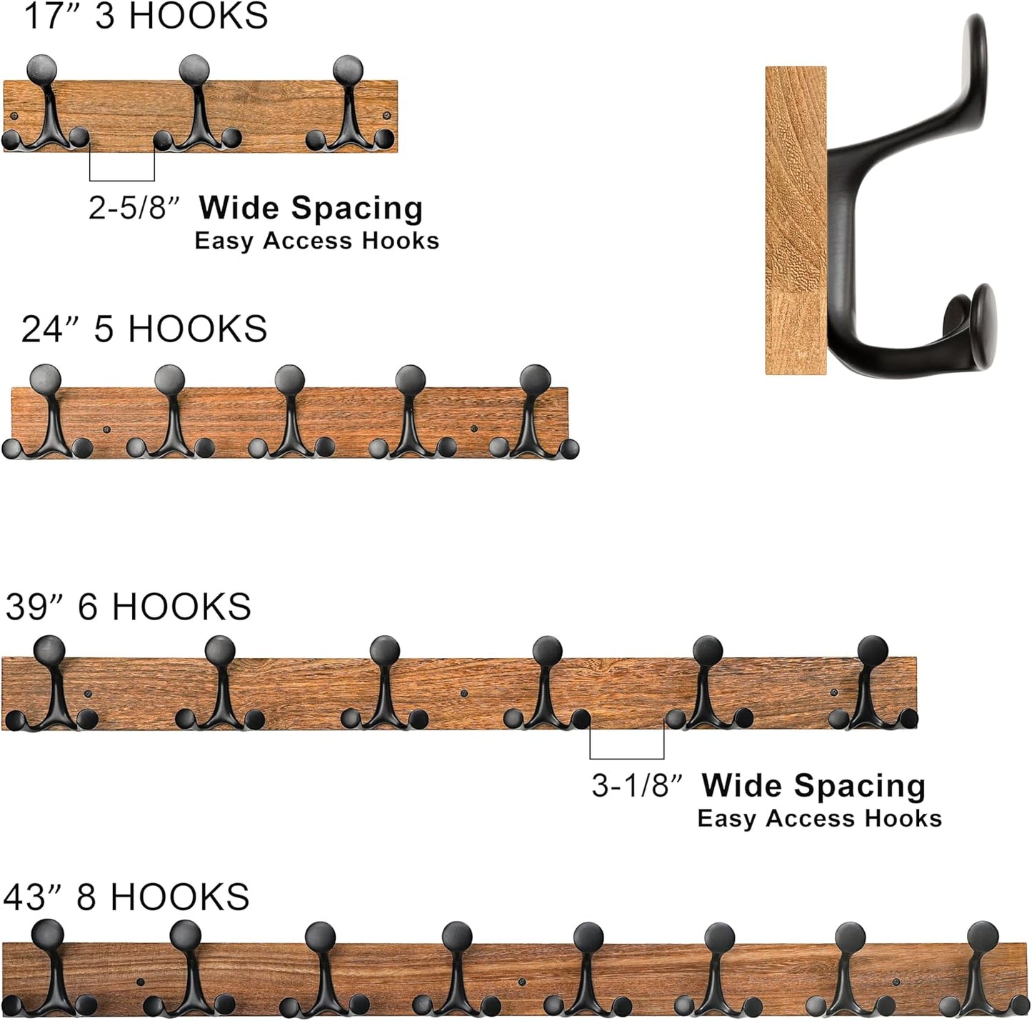 SKOLOO 43-Inch Light Brown Wood Coat Rack Wall Mount with 8 Triple Hooks - Ideal for Family Entrances, Classrooms, and Pet Supplies Storage - Perfect Coat Hooks for Wall