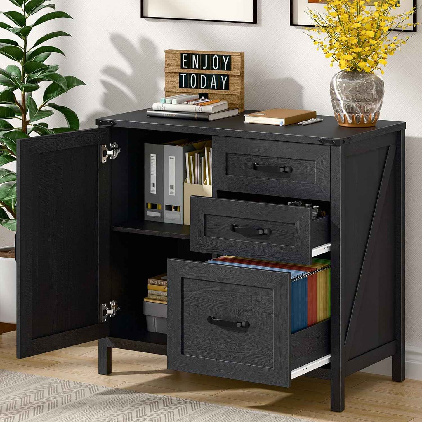 Befrases Farmhouse Lateral Filing Cabinet, Lateral File Cabinet with 3 Drawers and Storage Cabinet, Wooden Printer Stand with File Drawer for Letter/A4 Size Hanging File for Home Office, Rustic Black