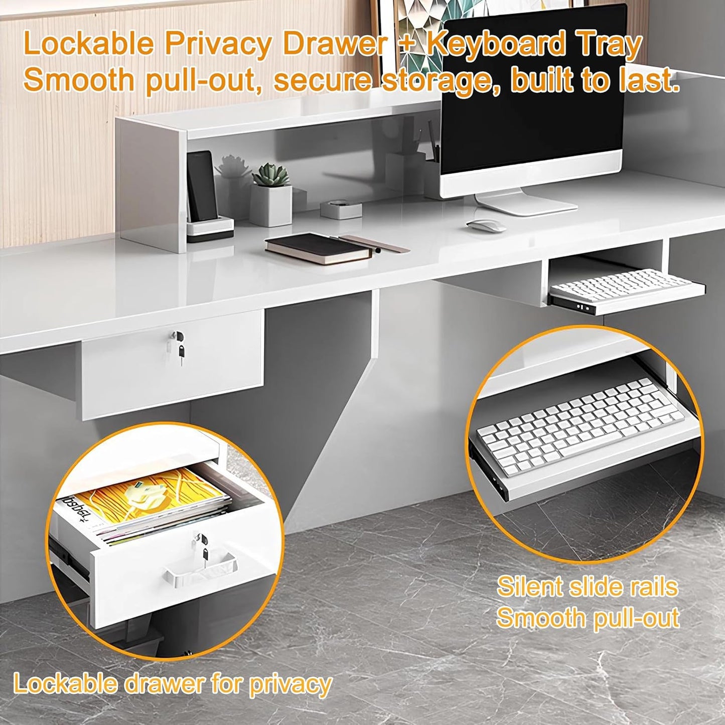 Modern Reception Desk with Counter & Lockable Drawer, Front Desk Reception Counter for Office Retail Store Salon Beauty Shop, Receptionist Wood Checkout Counter Table (White Black - Left, L 70in)