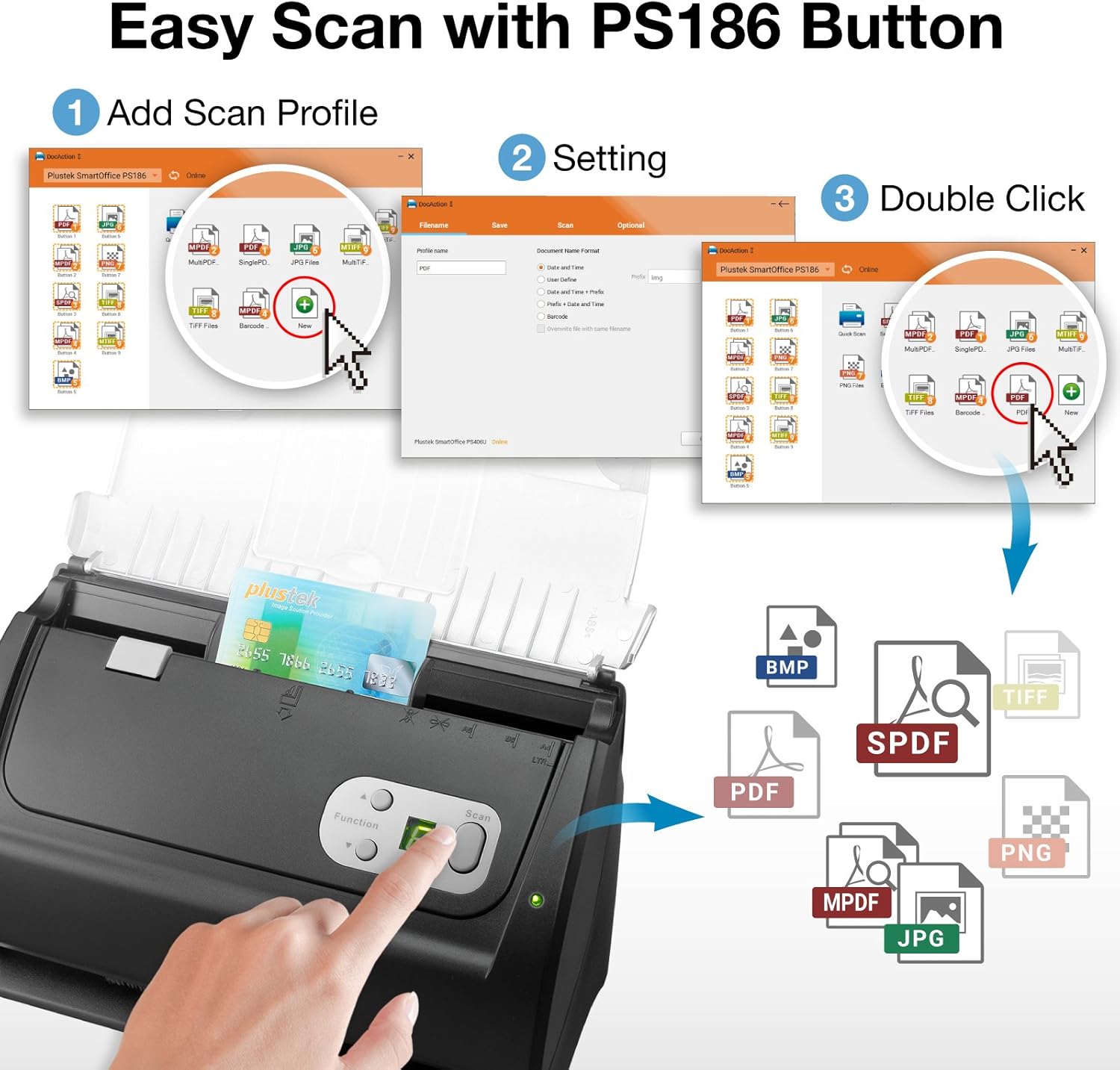 Plustek PS186 Desktop Document Scanner, with 50-pages Auto Document Feeder (ADF). For Windows 7 / 8 / 10 / 11 (Intel/AMD only) - Lumora Desk