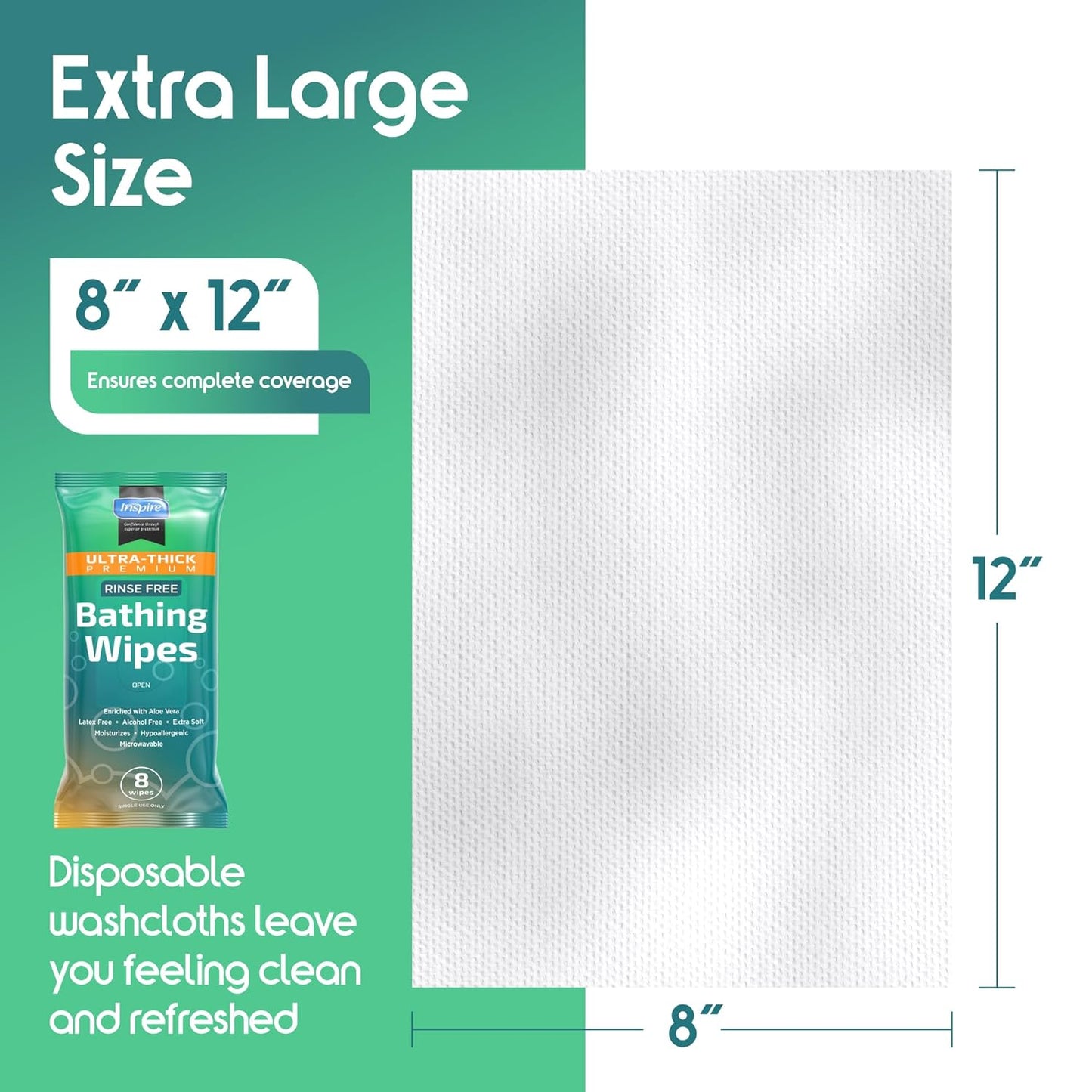 Inspire Ultra Thick Rinse Free Body Wash Wipes, Bathing Wipes, Shower Wipes - Rinse Free Wet Wipes, Thick Strong Extra Large With Aloe Vera Enriched