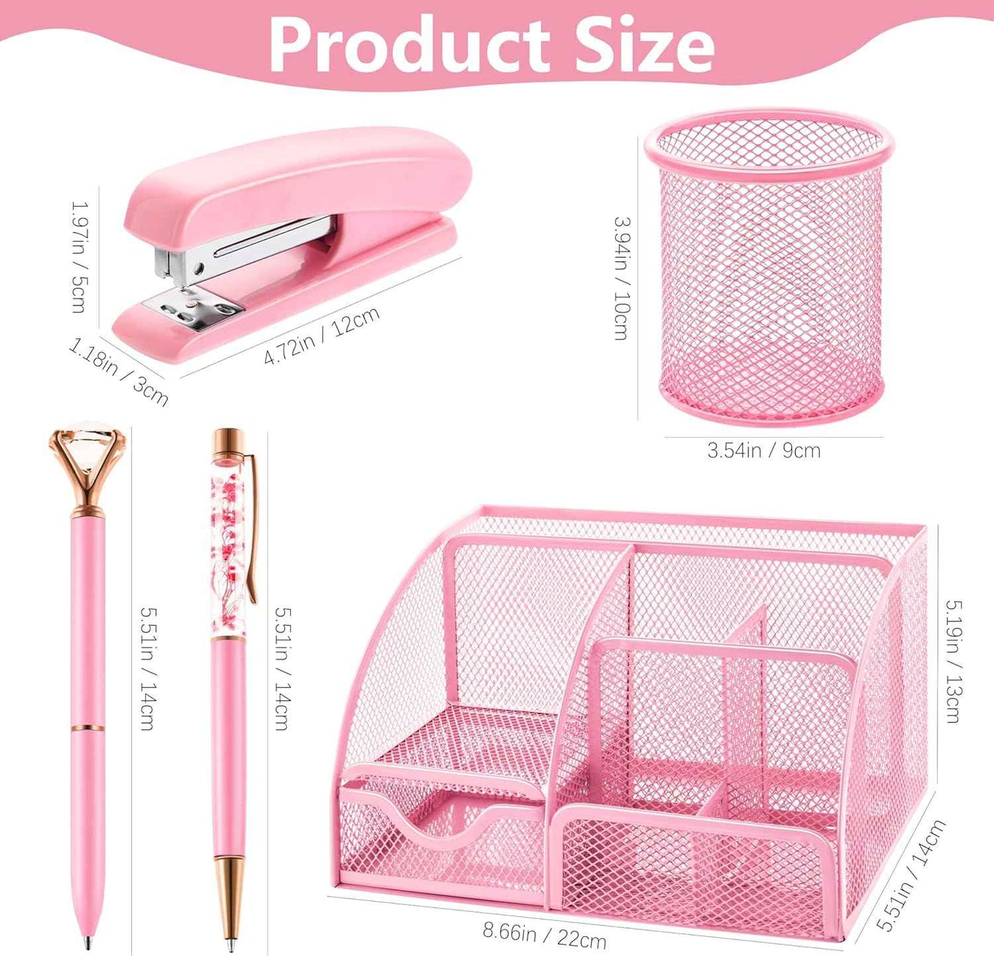 Fayoo 11 Pcs Pink Office Supplies Set Mesh Desk Organizer Accessories Kit include Stapler Tape Dispenser Staple Remover Clips Ruler Scissors Sticky Notes for Office School Home Women (Pink)