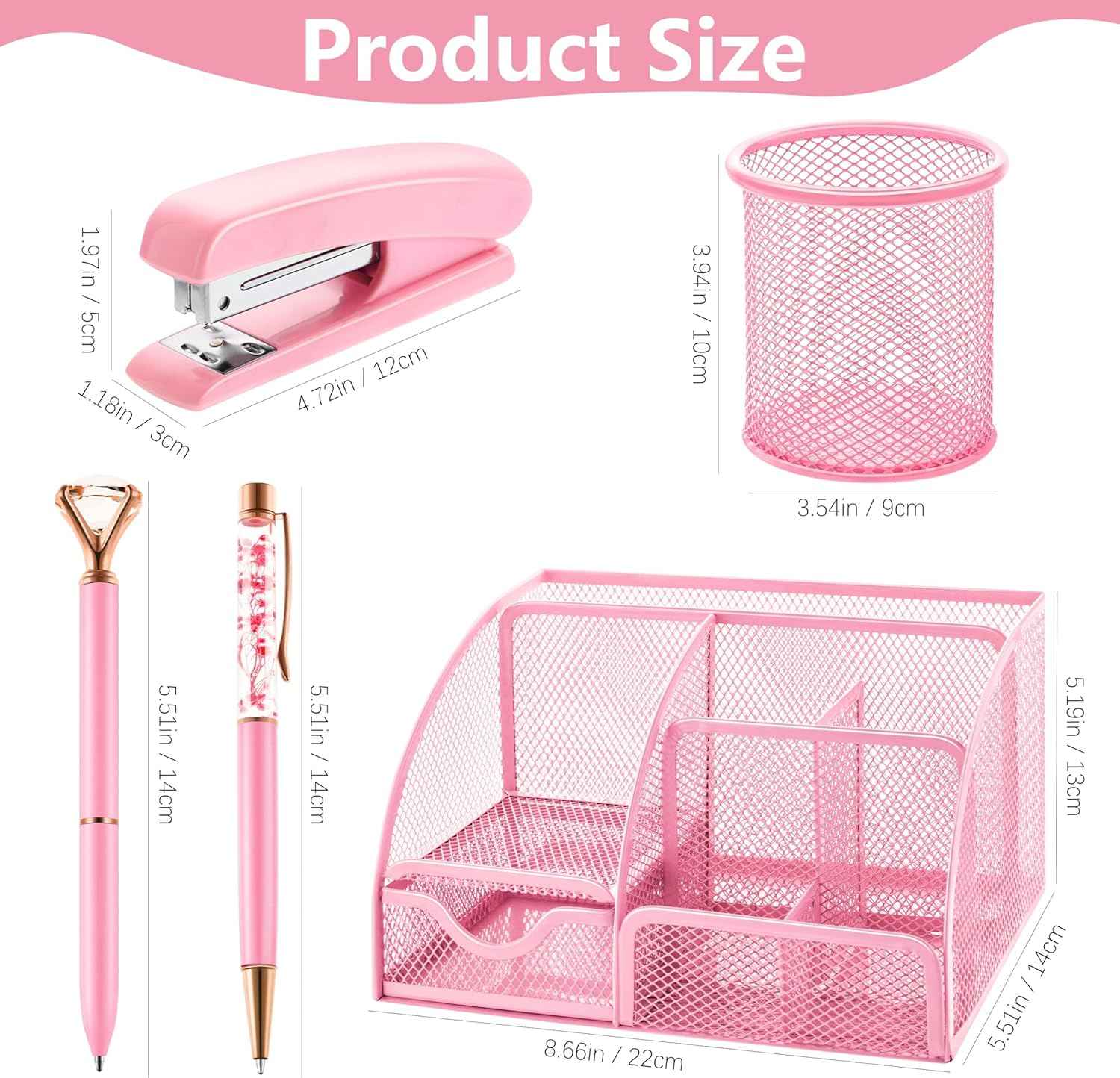 Fayoo 11 Pcs Pink Office Supplies Set Mesh Desk Organizer Accessories Kit include Stapler Tape Dispenser Staple Remover Clips Ruler Scissors Sticky Notes for Office School Home Women (Pink)