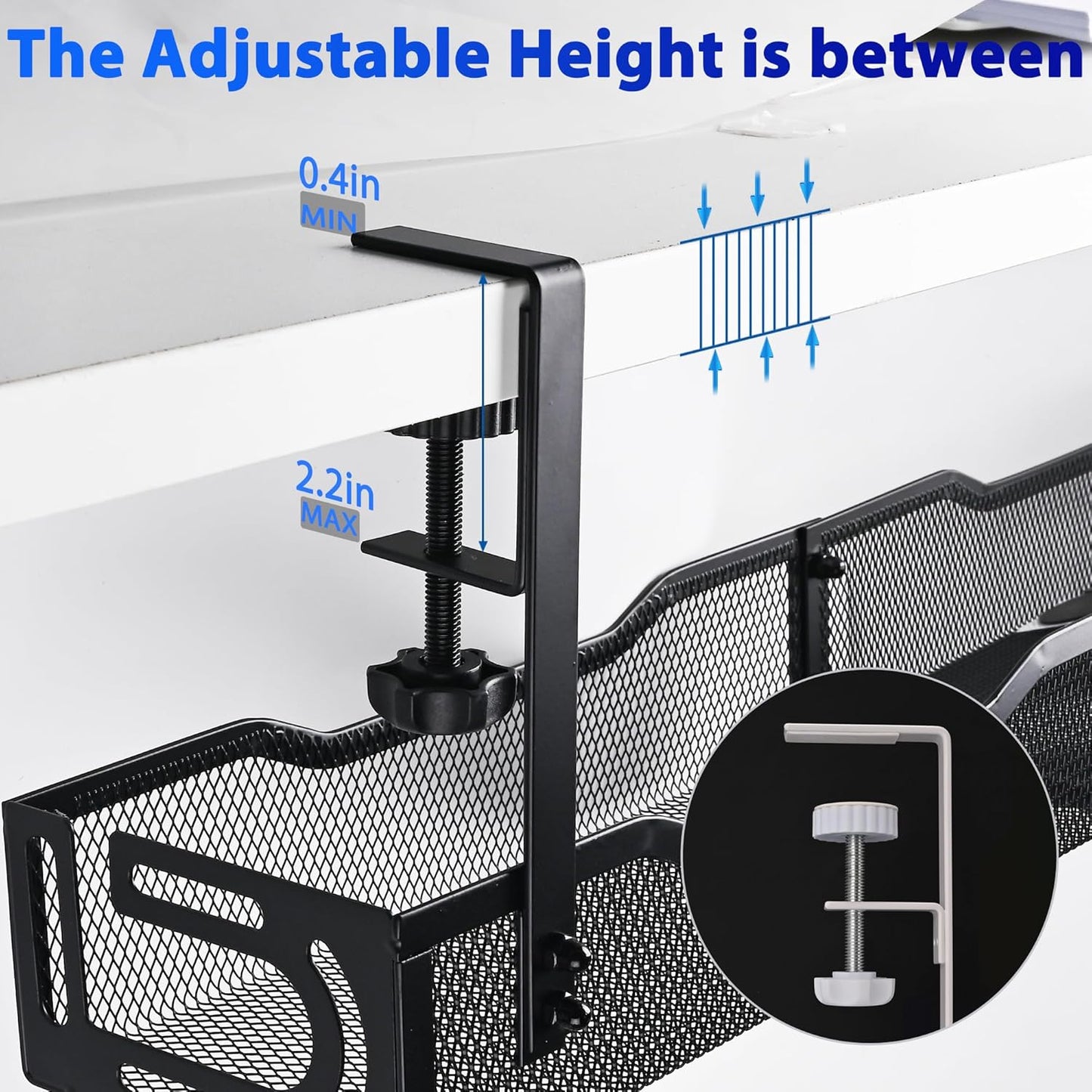 Clamp-On Under Desk Cable Management Tray – 25.3 Inch No Drill Metal Wire Organizer for Home Office & Standing Desk Setup (Black)