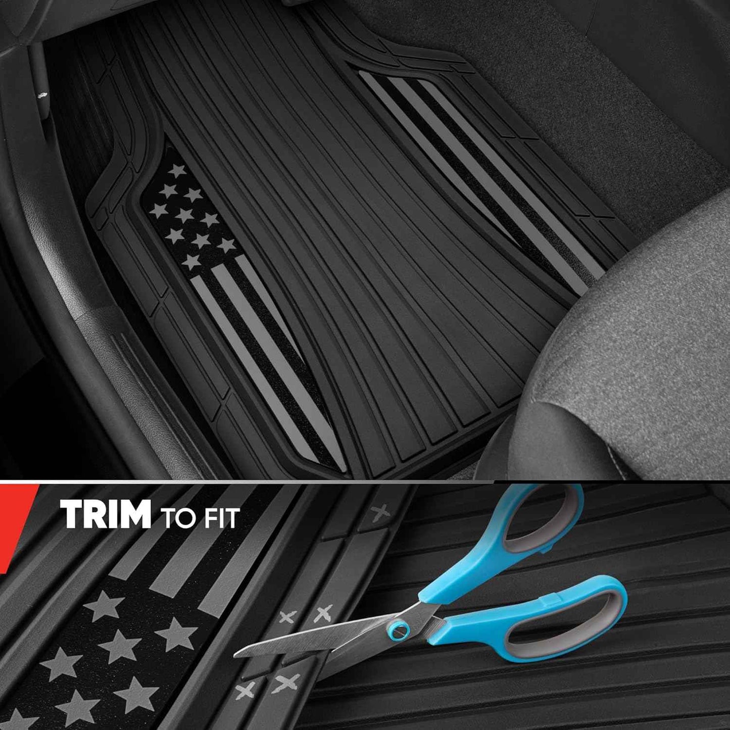 MotorTrend Black Flag Rubber Floor Mats – All Weather Car Mats with American Flag Stars & Stripes Design, Heavy-Duty Automotive Floor Mats for Cars, SUVs & Trucks Black/Grey