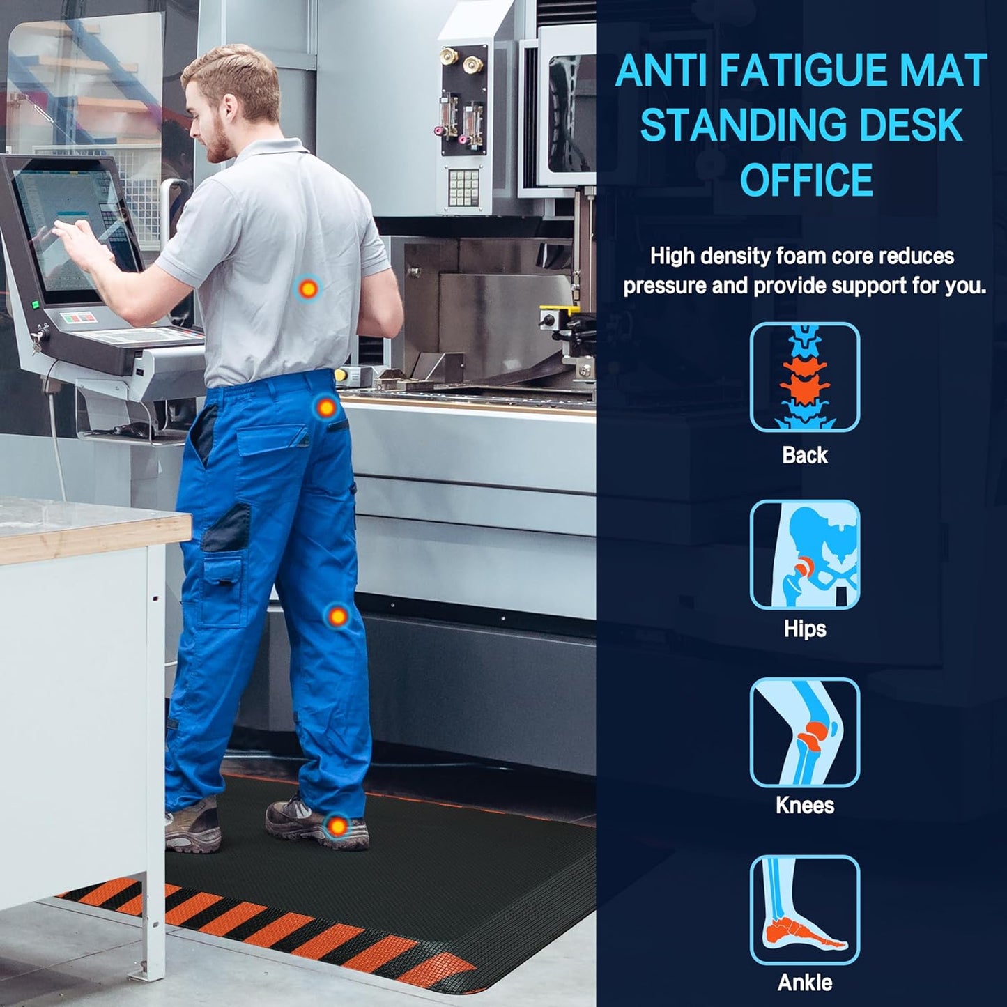 FEATOL Anti Fatigue Mat Industrial, Ergonomic Standing Floor Mat for Work for Stand, Black with Orange Border Safety 20" x 39"-Support for Leg & Back Pain