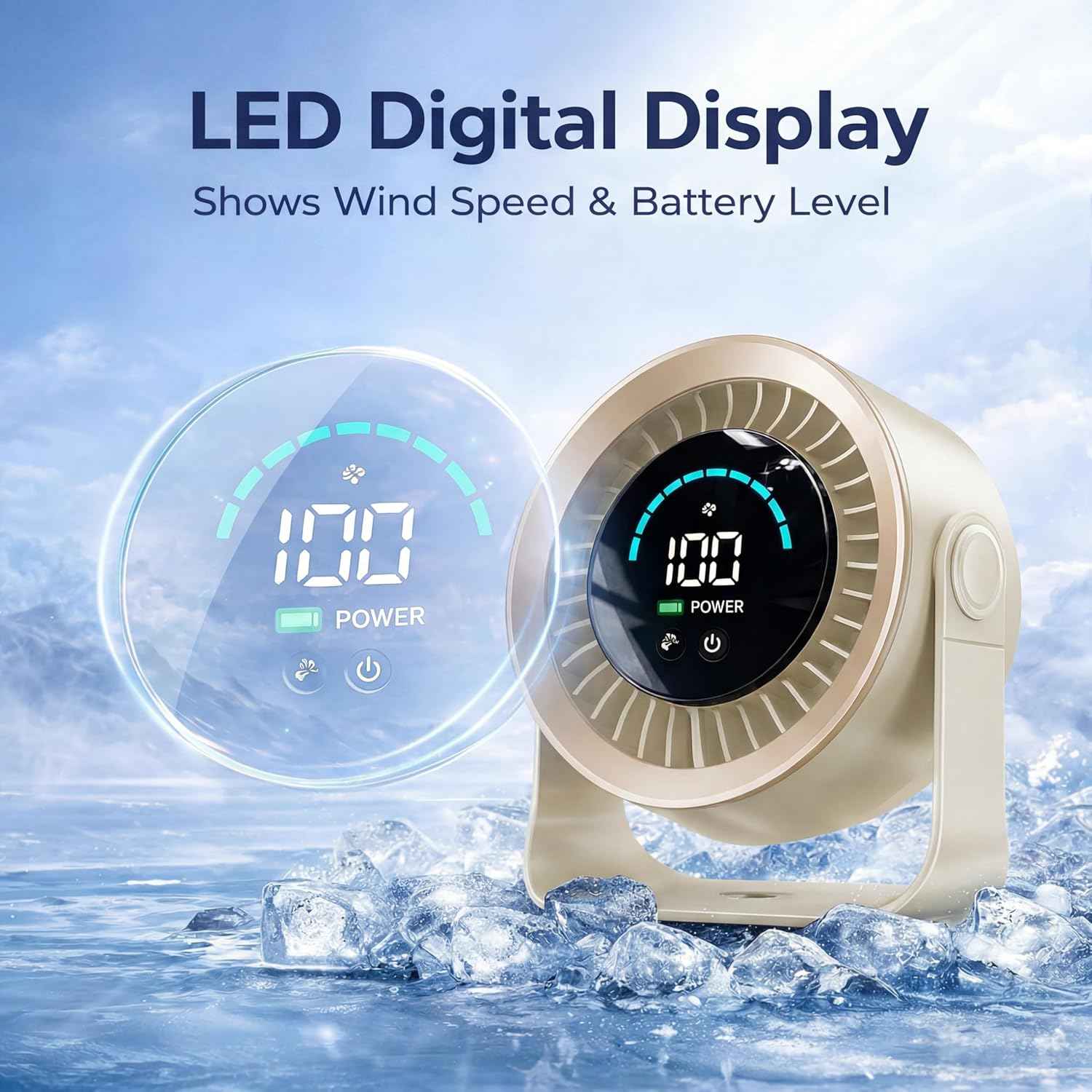 Mini Desk Fan, Small USB Rechargeable Quiet Desktop Fan, Cooling Table Electric Fan with LED Digital Display, 360°Adjustable Tilt for Bedroom, Office & Home (Khaki)