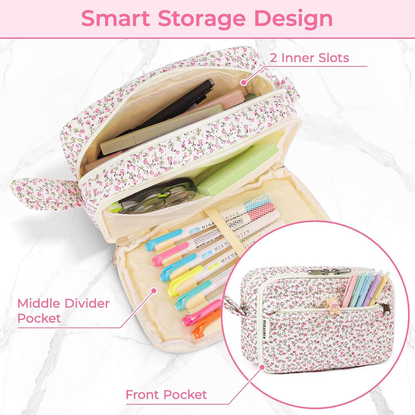 WOBAGMEN 62PCS Aesthetic School Supplies with Quilted Pencil Case, Pastel Highlighters, Gel Pens Mechanical Pencils Set, Cute Back to School Supplies, College Essentials(Pink Floral, M)