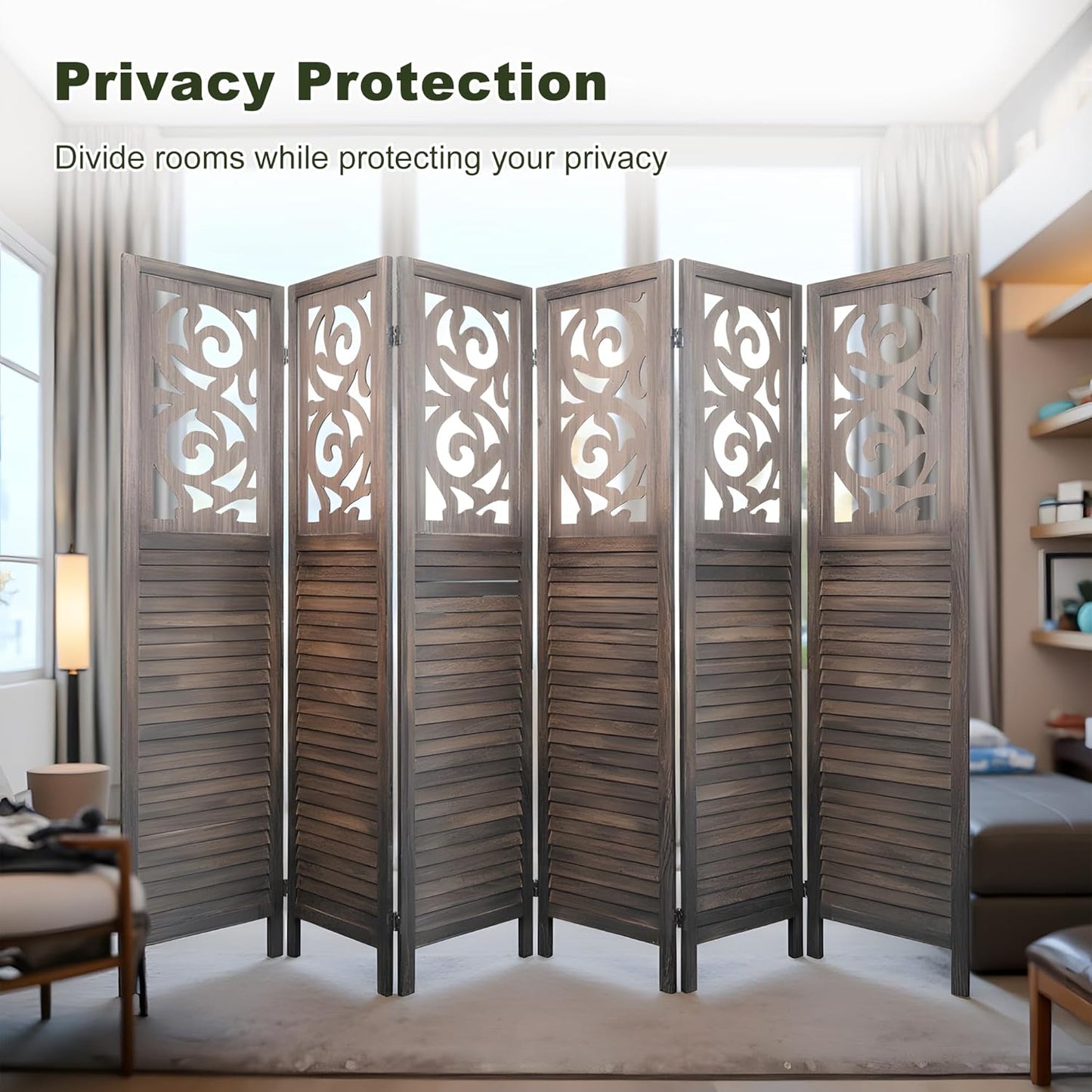 NicBex 6 Panel Room Divider,5.6FT Wood Carved Room Dividers,Folding Privacy Screens Portable Freestanding Partition Wall Dividers for Room Separation,Home Bedroom Office,Rustic Brown - Lumora Desk