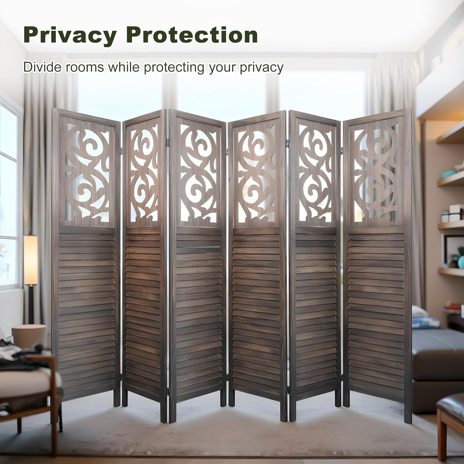 NicBex 6 Panel Room Divider,5.6FT Wood Carved Room Dividers,Folding Privacy Screens Portable Freestanding Partition Wall Dividers for Room Separation,Home Bedroom Office,Rustic Brown - Lumora Desk
