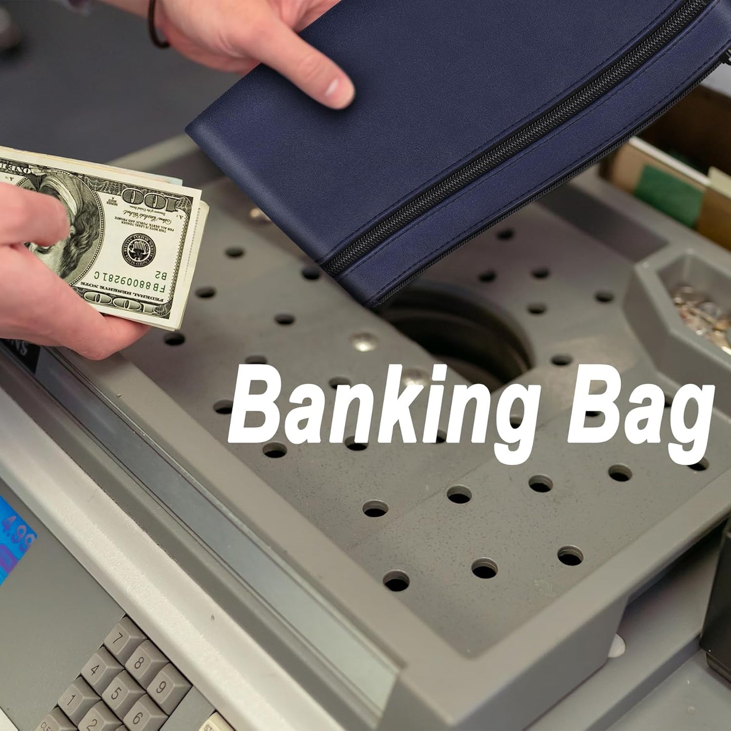 HAUTOCO 2 Pack Money Bag with Zipper 11x6.1 inch Money Pouch with Lined PU Leather Bank Bag Two Pockets Utility Wallet for Cash Check Receipt Coins Cosmetics, Dark Blue