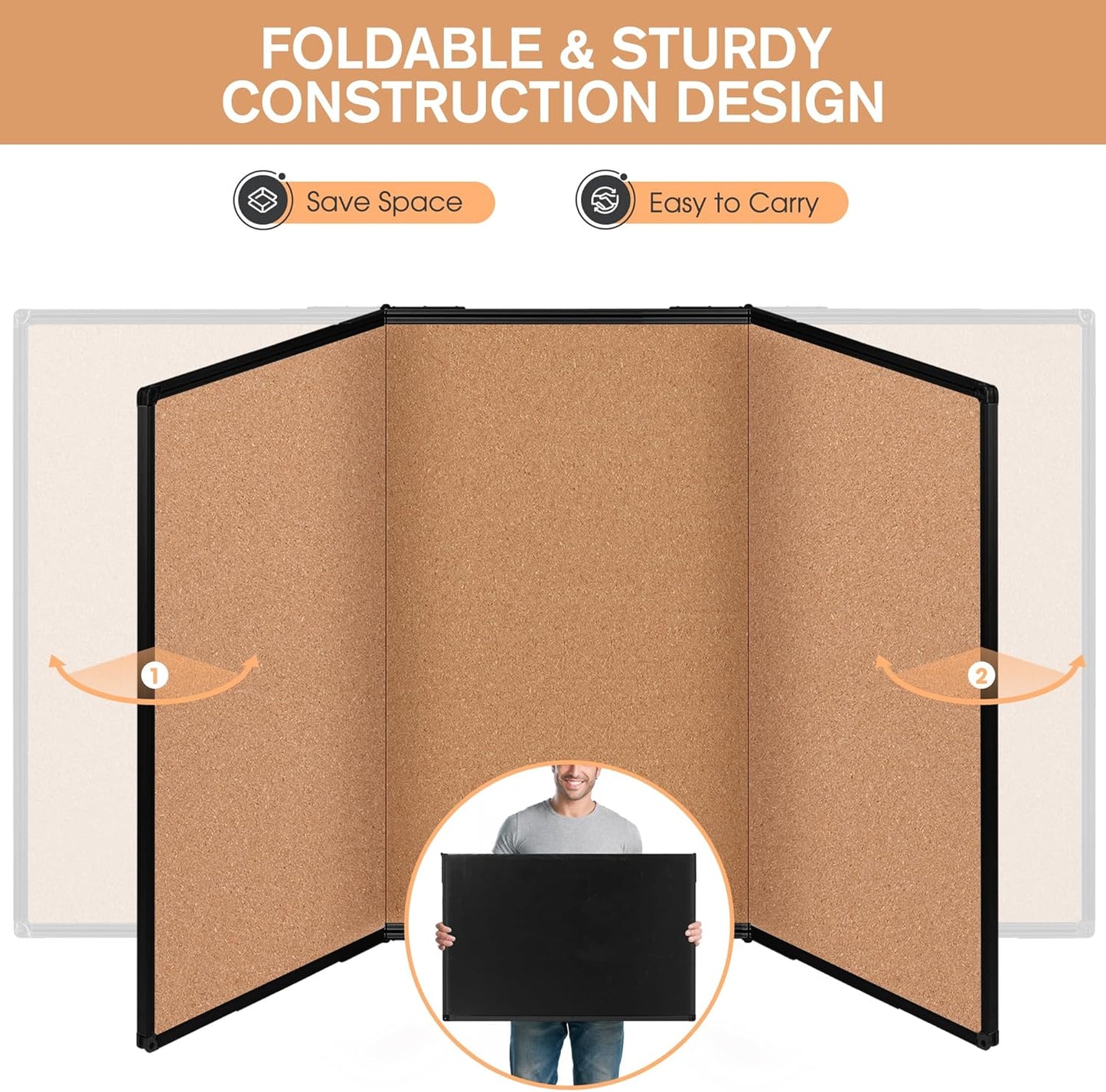 Board2by Extra Large Cork Bulletin Board 96" X 48", Foldable Notice Pin Board for Wall, Black Aluminum Framed 8'x4' Corkboard, Wall Mounted Noticeboard with 36 Push Pins for School, Home & Office - Lumora Desk