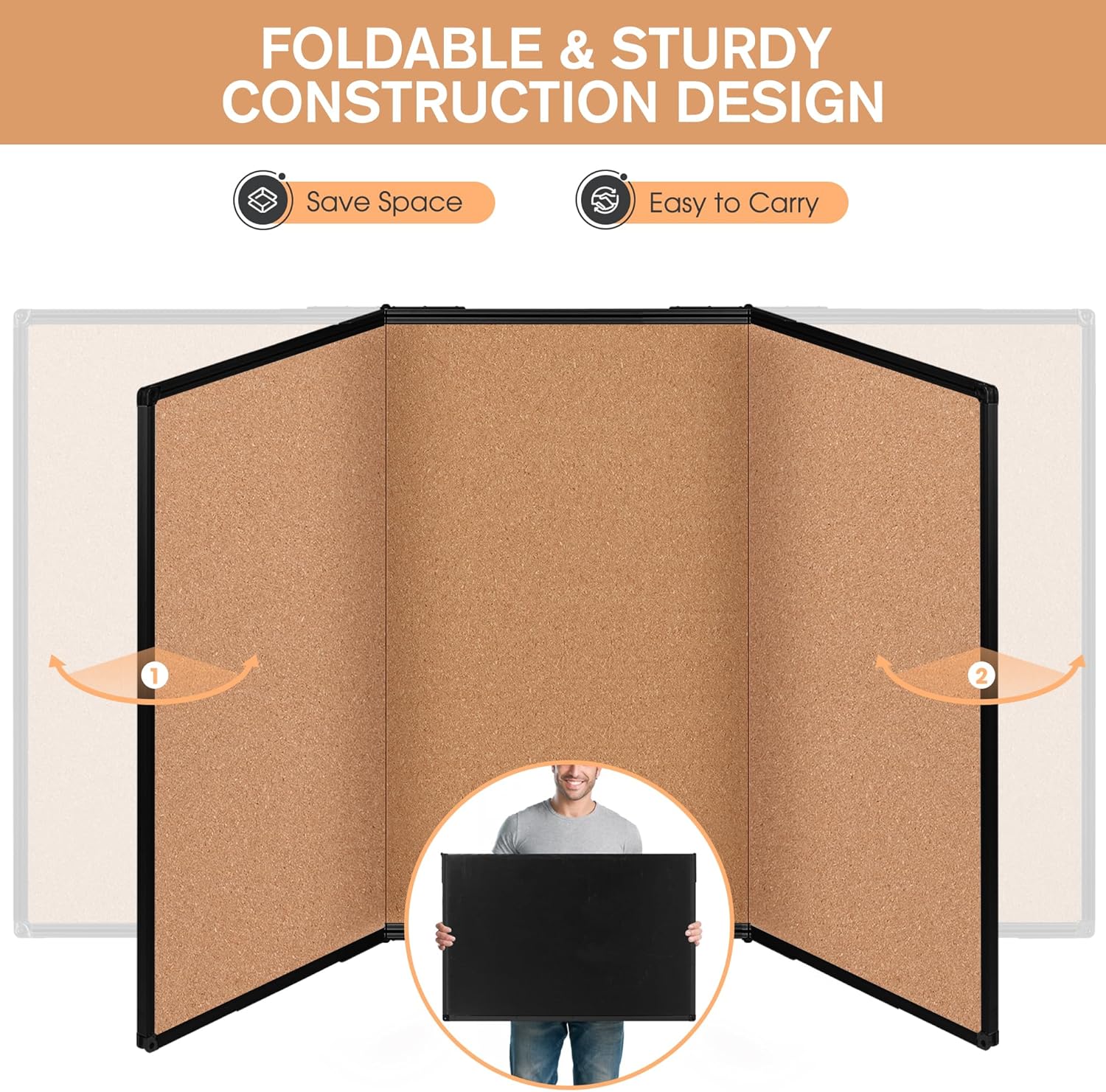 Board2by Extra Large Cork Bulletin Board 96" X 48", Foldable Notice Pin Board for Wall, Black Aluminum Framed 8'x4' Corkboard, Wall Mounted Noticeboard with 36 Push Pins for School, Home & Office - Lumora Desk