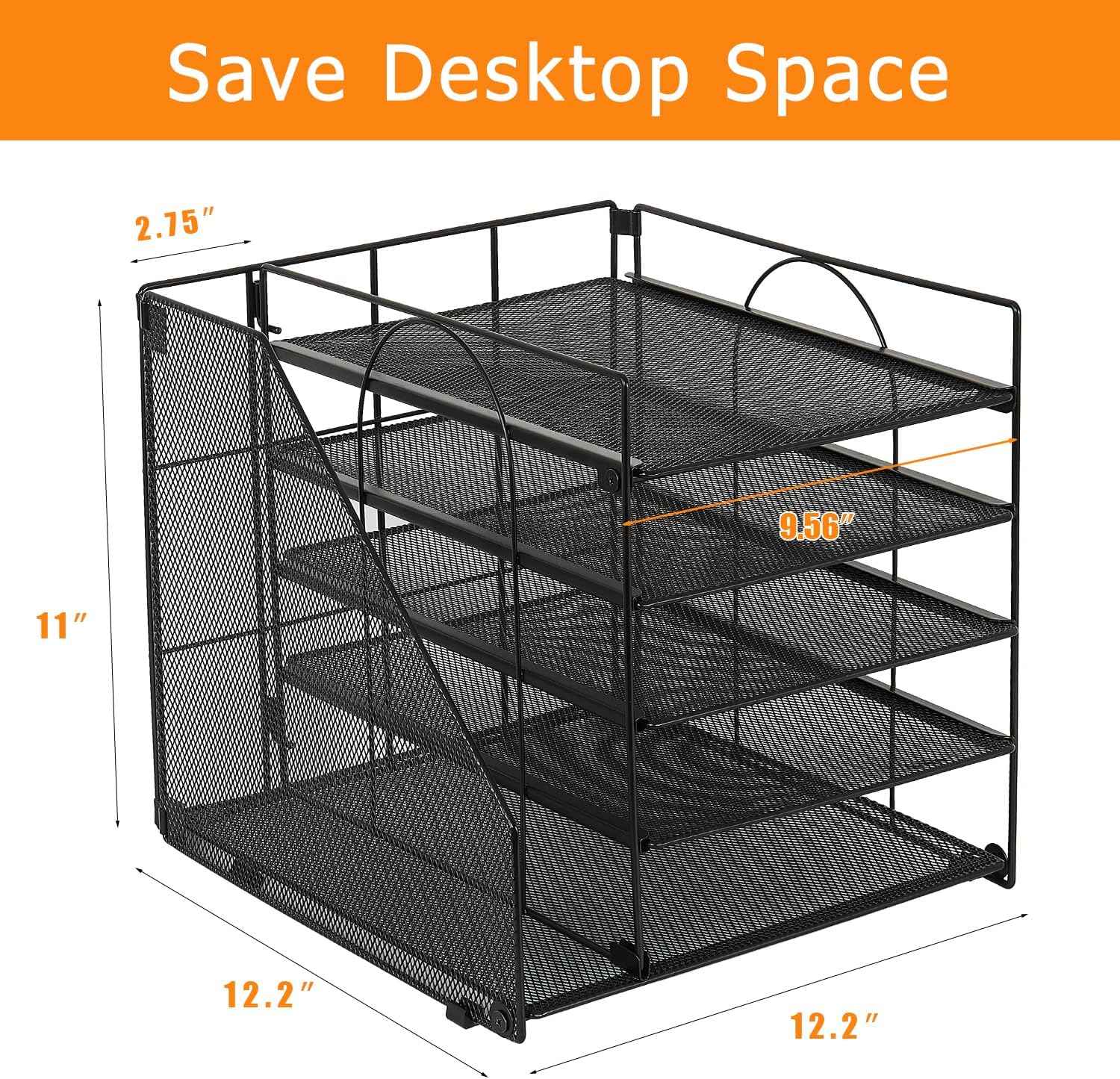 LEKETREE Desk Organizers and Accessories, 5-Tier Paper Letter Tray Organizer with File Holder, Desktop Organizer for Office Supplies (Black)