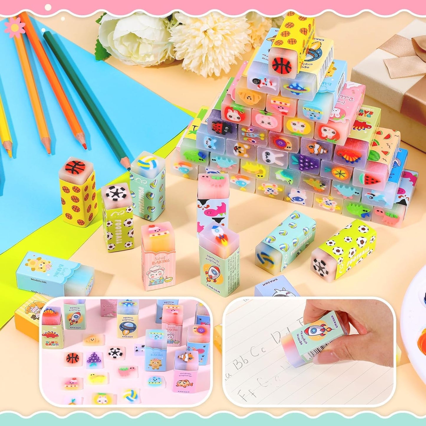 50 Pcs Cute Erasers for Kids Jelly Animal Fruit Dinosaur Space Pet Fun Pencil Erasers for Students Back to School Supplies Prize Gifts Party Favors