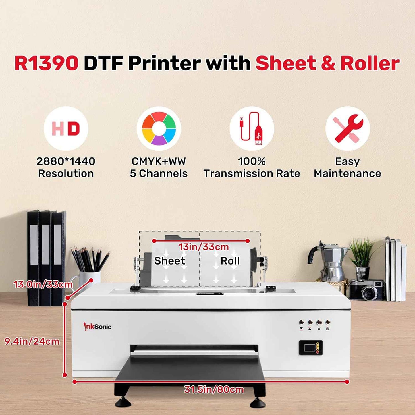InkSonic R1390 DTF Printer, A3 T-Shirt Printing Machine with Oven Bundle, 13" Width Apparel Printer, Direct to Film Heat Transfer, Commercial Custom Printing, T-Shirt Maker for Clothes Design