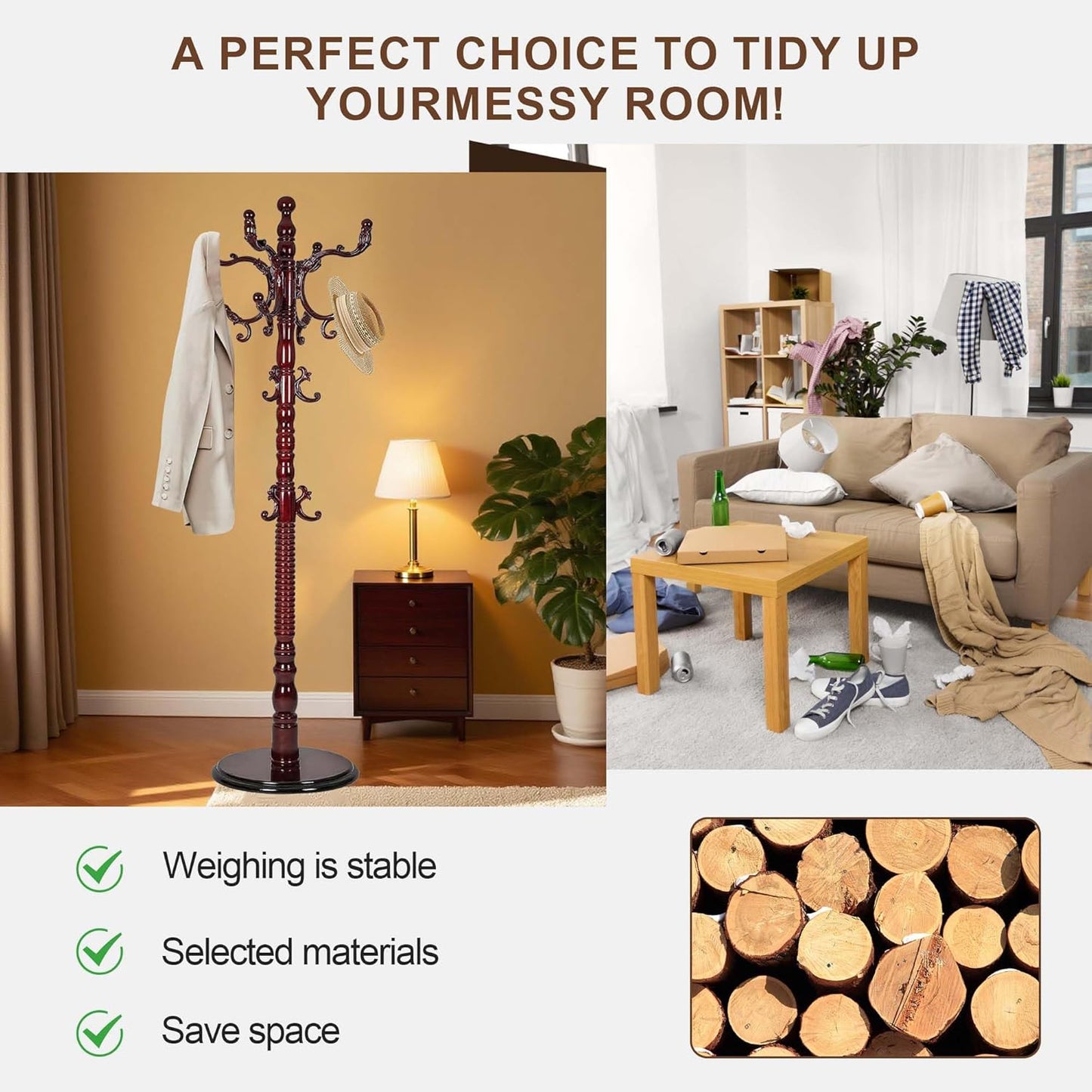 Wooden Coat Rack Freestanding with 18 Hooks, Adjustable Height Coat Tree Free Standing Heavy Duty for Entryway, Easy Assembly Solid Wood Sturdy Coat Hats Hanger Stand for Office Hallway Bedroom