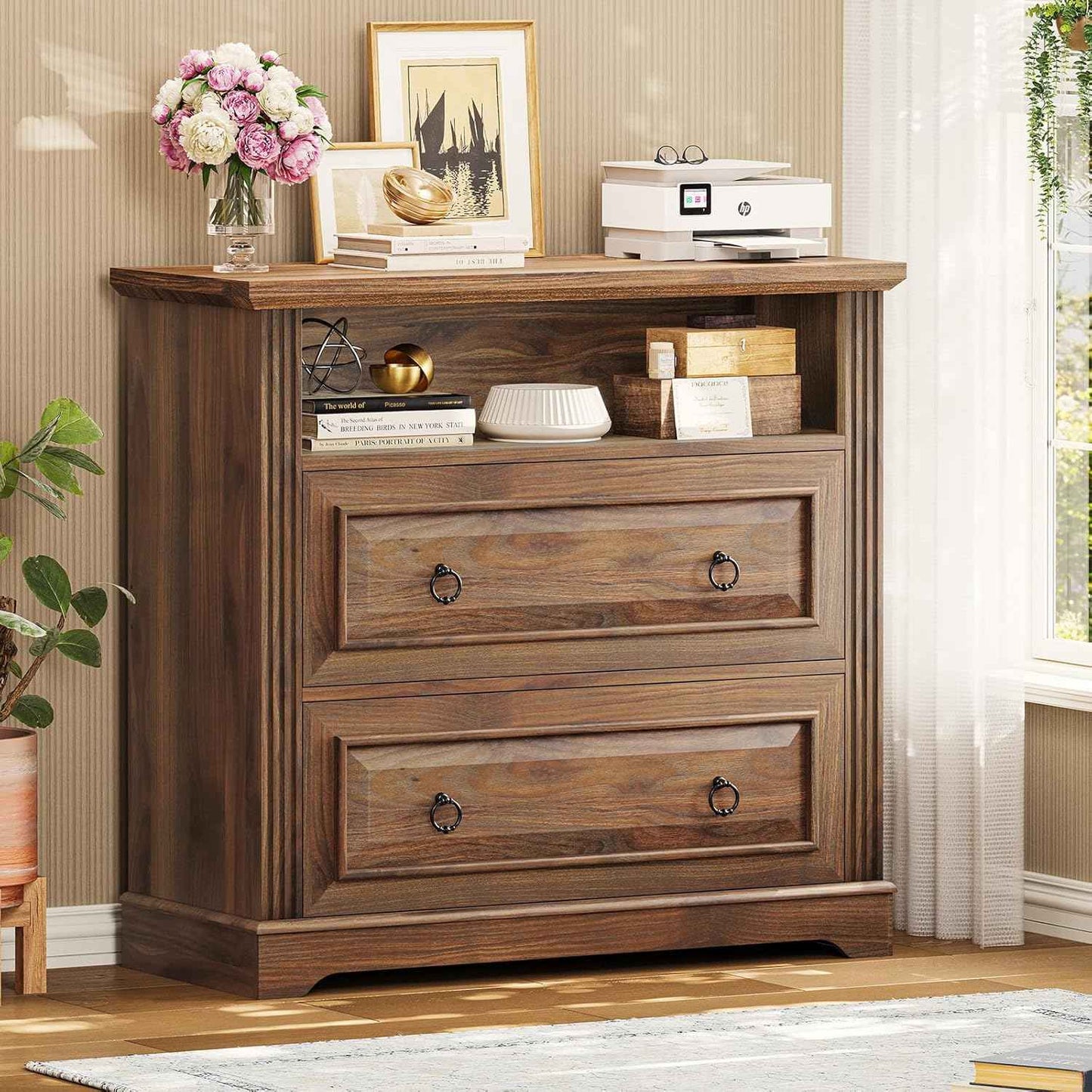 Itaar 2 Drawer File Cabinet, Farmhouse Filing Cabinet for Home Office Fits Letter, Legal, A4 Size, Wood Lateral File Cabinet with Printer Stand, Storage Shelf, Brown