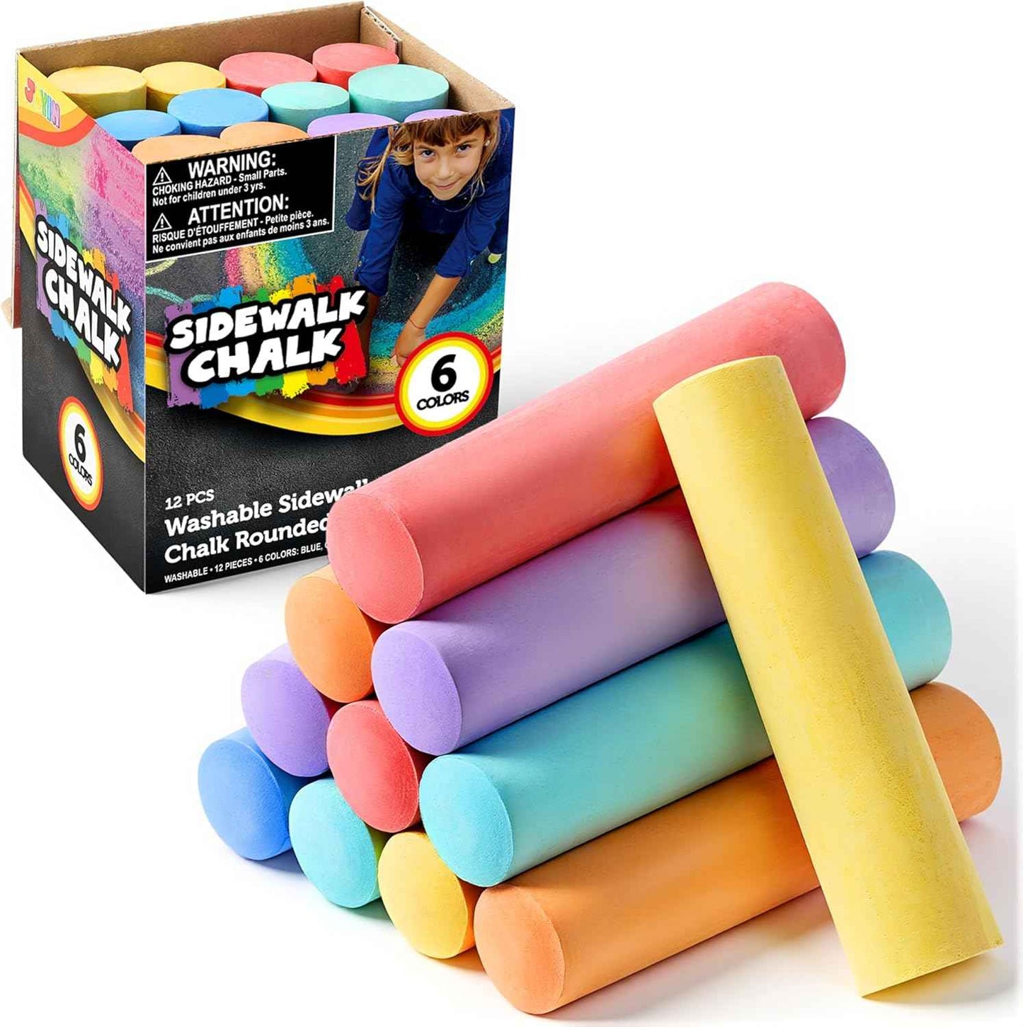 JOYIN 12 PCS Washable Sidewalk Chalks Set Non-Toxic Jumbo Chalk for Schools, Outdoor Art Play, Paint on Chalkboard, Blackboard and Playground (6 Colors)