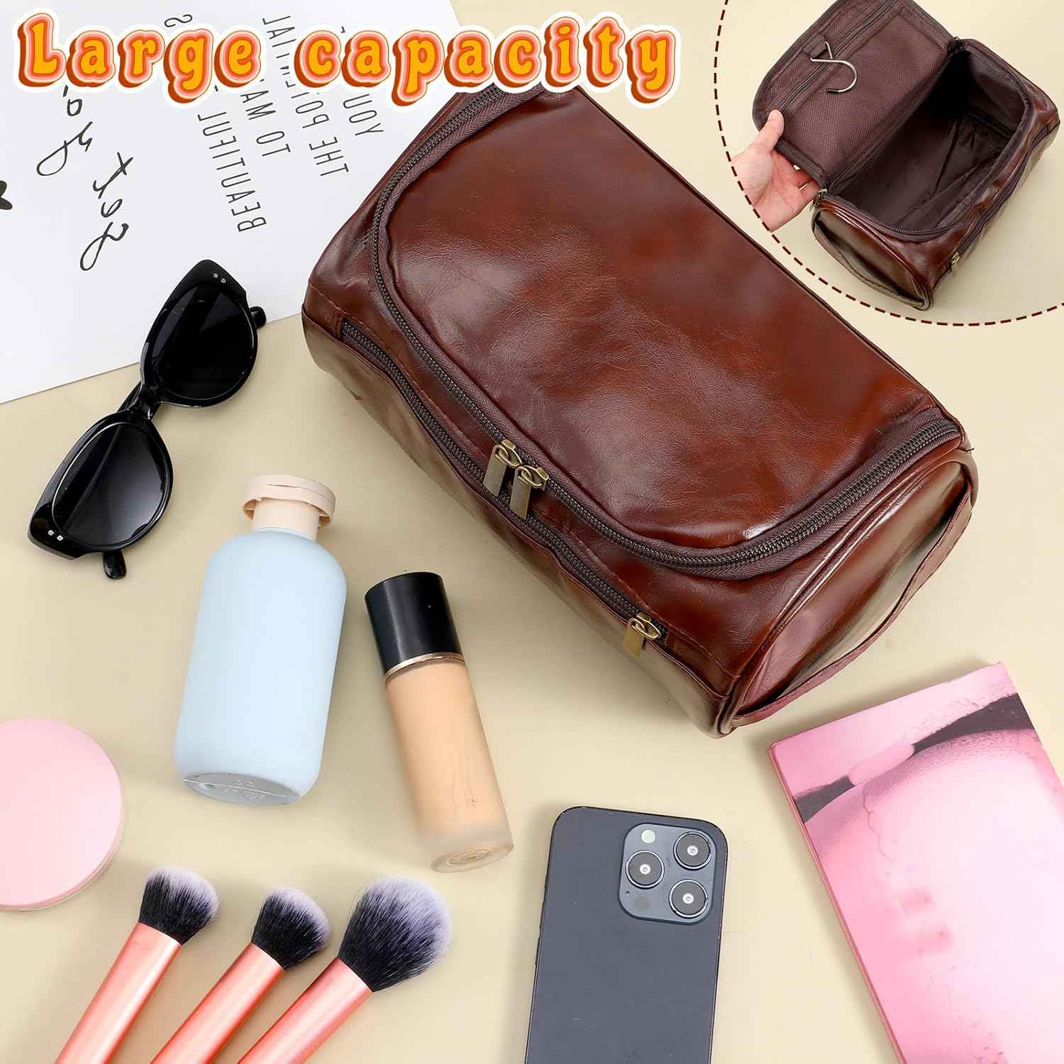 6 Pcs Groomsmen Gift Leather Toiletry Bag for Men Travel Shaving Kit Bathroom Bag Make up Cosmetic Proposal Supplies for Wedding Favor Grooming Anniversary Boyfriend Father, Brown