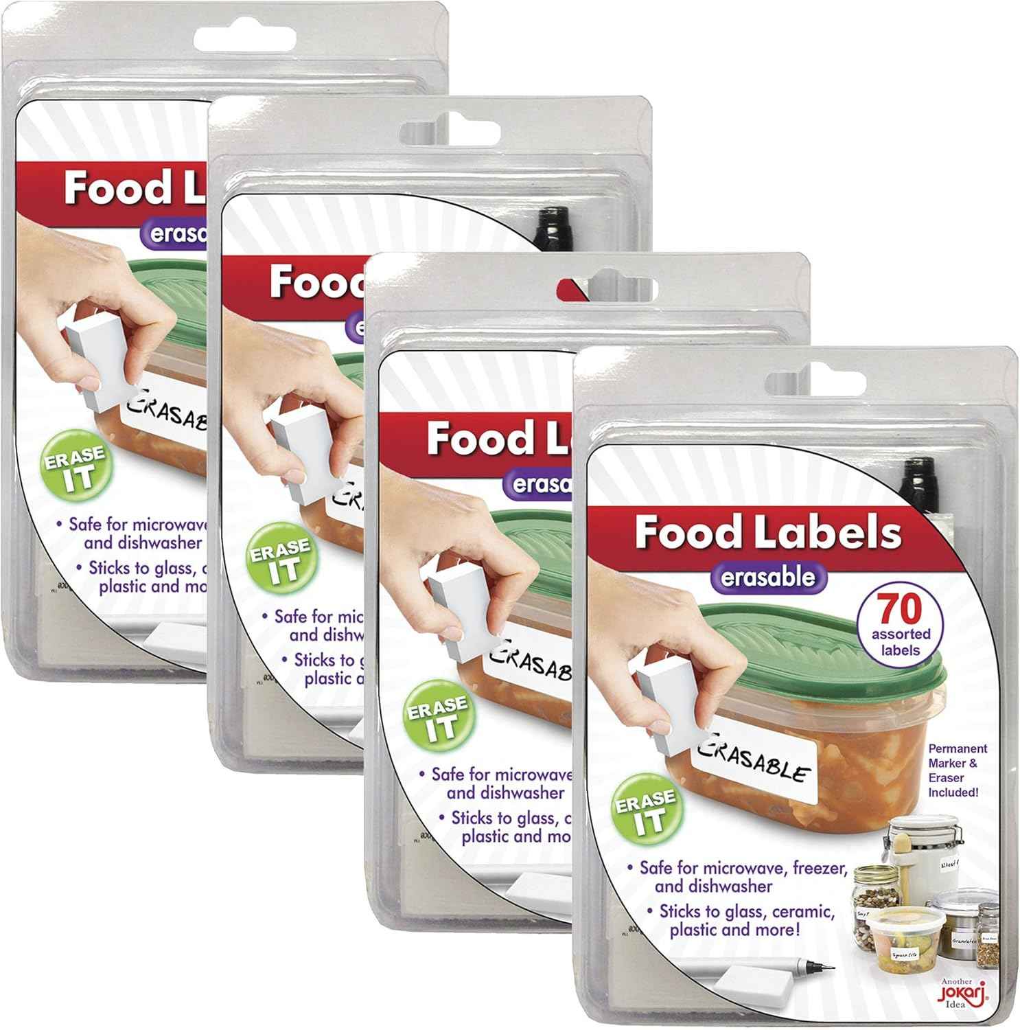 Erasable Food Labels 4-Pack Starter Kits With Pen & Erasers, Reusable Label Multi-Color, Freezer, Microwave & Dishwasher Safe Kitchen Tool for All-Purpose Meal Organization by Jokari