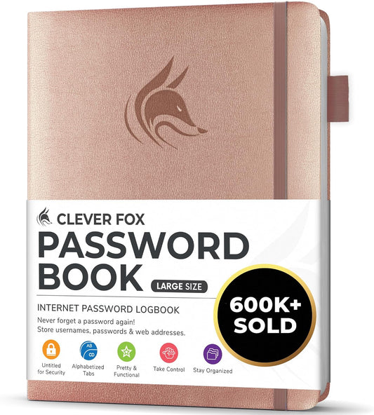 Clever Fox Password Book with alphabetical tabs. Internet Address Organizer Logbook. Large Password Keeper for Website Logins (Rose Gold)