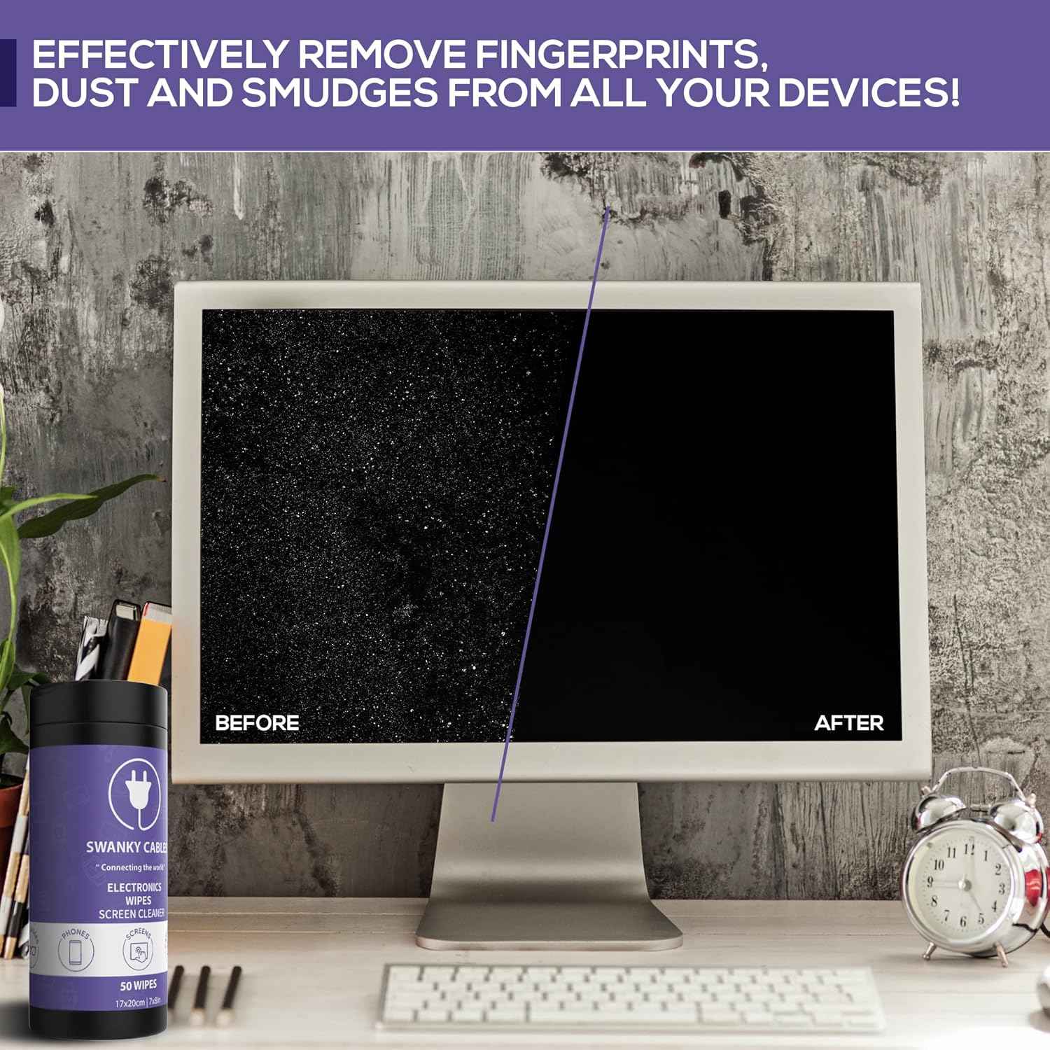 Swanky Cables Screen Cleaner Wipes: Electronic Wipes for Screens - Computer Screen Wipes for Lens, Phone, Tv Screen and Monitor Cleaning - Tech Wipes & Microfiber Cloth (Canister, 200 Count)