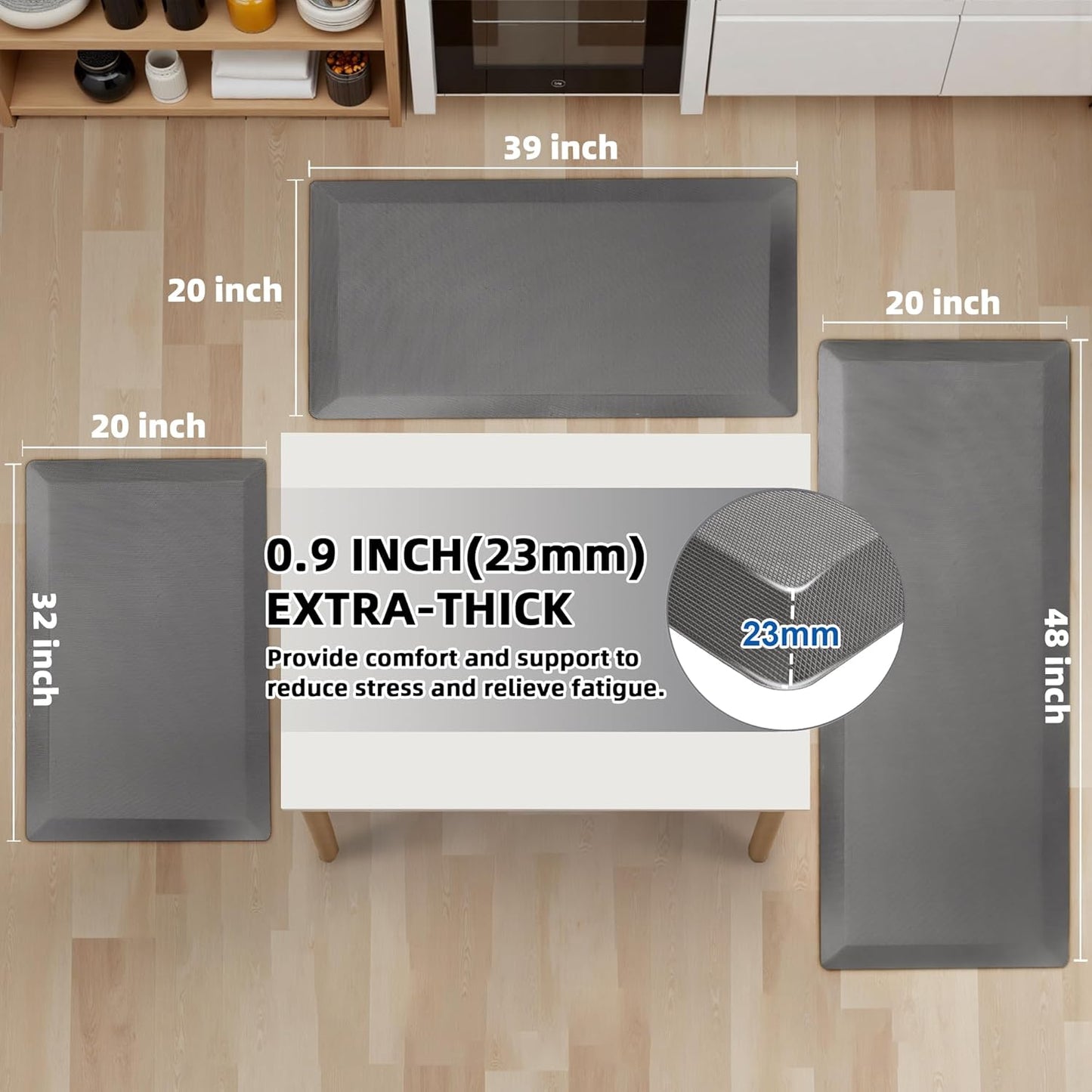 Anti Fatigue Kitchen Mats for Floor, Grey 9/10 Extra Thick Cushioned Standing Desk Mat, Comfort Memory Foam Ergonomic Kitchen Rugs and Mats Non-Slip Waterproof for Office, Kitchen, Sink, 20" x 48"