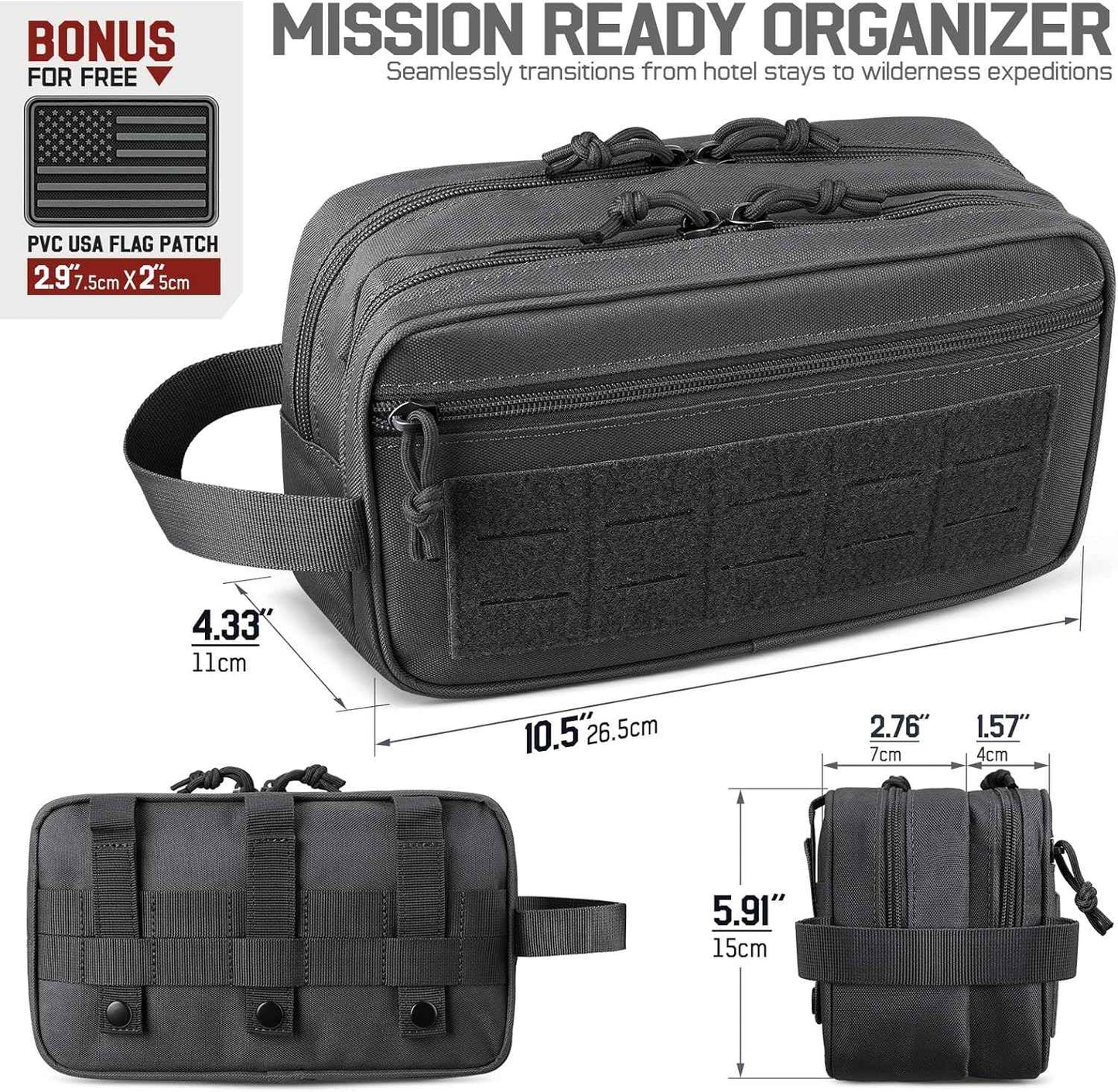 RXW EDC Toiletry Bag for Men, Tactical Dopp Kit, Molle Pouches Compact Travel Organizer for Shaving Shower, Hygiene, Grooming (Includes Dry/Wet Compartment & US Flag Patch)