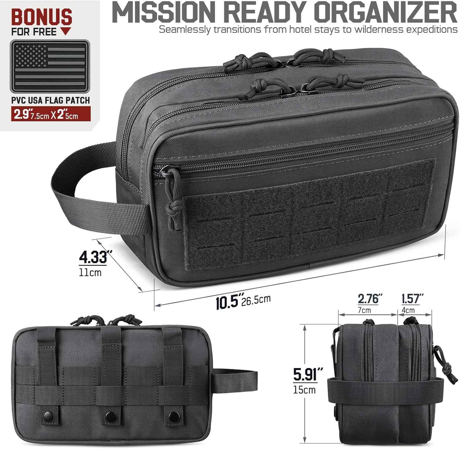 RXW EDC Toiletry Bag for Men, Tactical Dopp Kit, Molle Pouches Compact Travel Organizer for Shaving Shower, Hygiene, Grooming (Includes Dry/Wet Compartment & US Flag Patch)