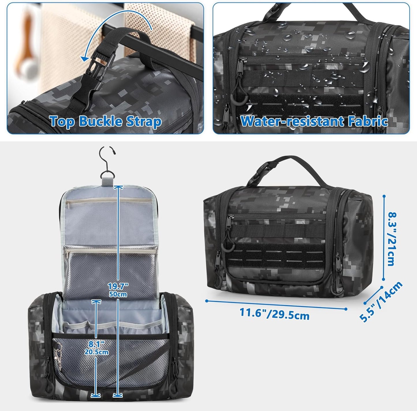 Hanging Toiletry Bag for Men, Tactical Dopp Kit Toiletry Travel Bag, Large Hygiene Organizer Shower Bag for Camping Outdoor, Black Digital