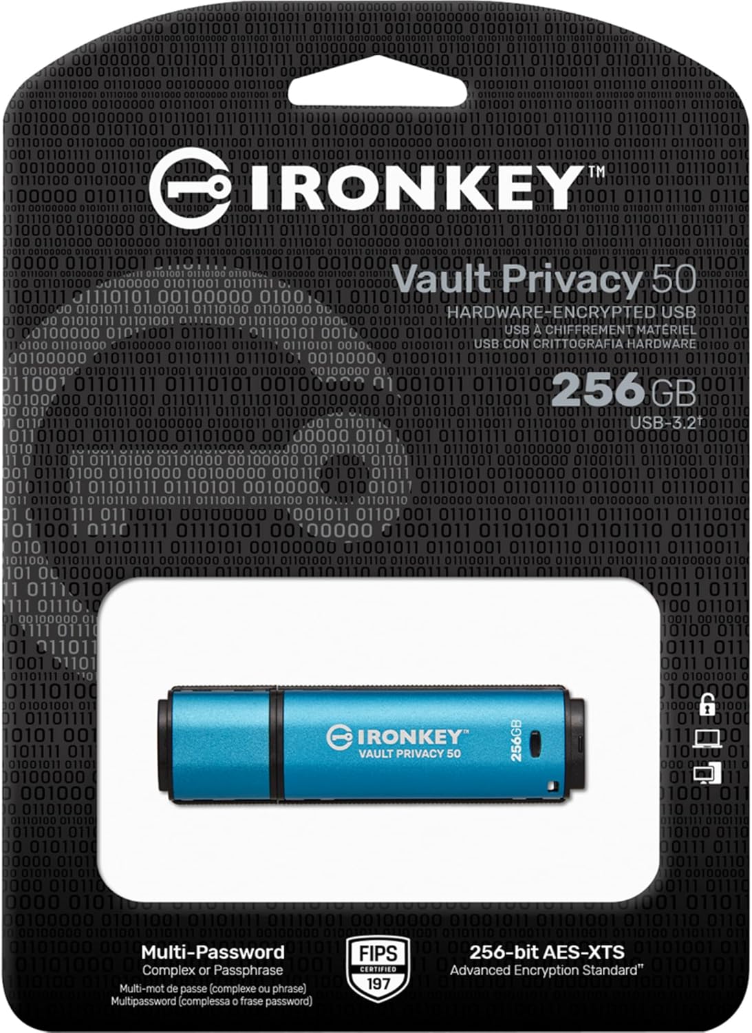 Kingston IronKey Vault Privacy 50 256GB Encrypted USB | FIPS 197 | AES-256bit | BadUSB Attack Protection | Multi-Password Options | IKVP50/256GB