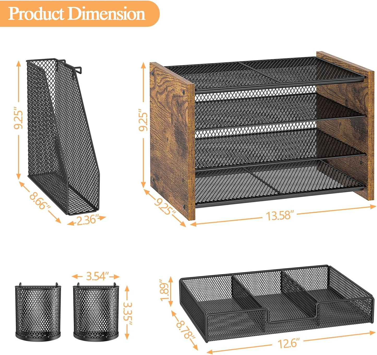 Wooden Desk Organizers and Accessories with File Holder, 4-Tier Paper File Organizer with Drawer & 2 Pen Holders, Office Desk Accessories, Desktop Organizer and Storage for Home Office Supplies