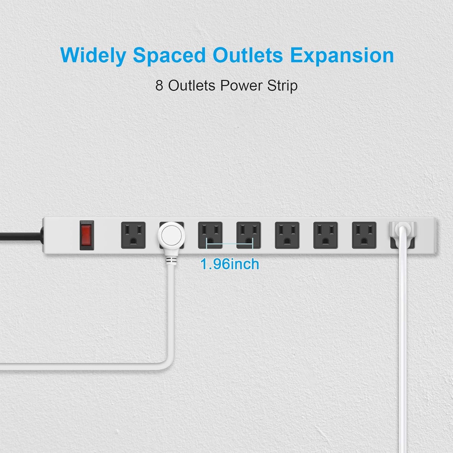JUNNUJ Metal 8 Outlet Power Strip, Mountable Heavy Duty Power Strip, 1200J Surge Protector Wall Mount Screws Outlet with Switch, Gaming Desk Strips Wide Spaced 15A 125V 1875W, 10 FT 14AWG Power Cord
