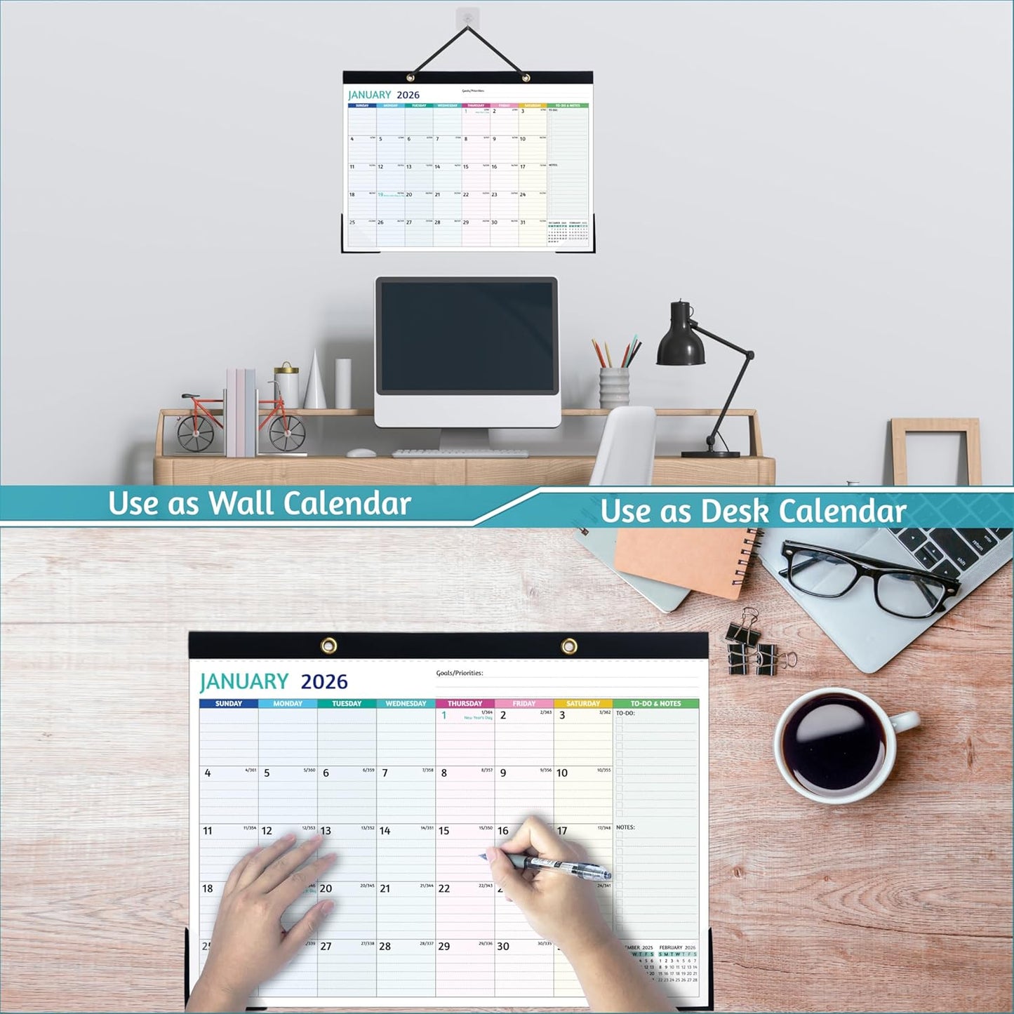 Desk Calendar 2026-2027 – Jan 2026 - Jun 2027, 18 Monthly Desk Calendar 2026-2027 Large, 17’’ x 12’’, 2026 Desk/Wall Calendar with To-do Lists, Desk Pad, Ruled Blocks, Corner Protectors