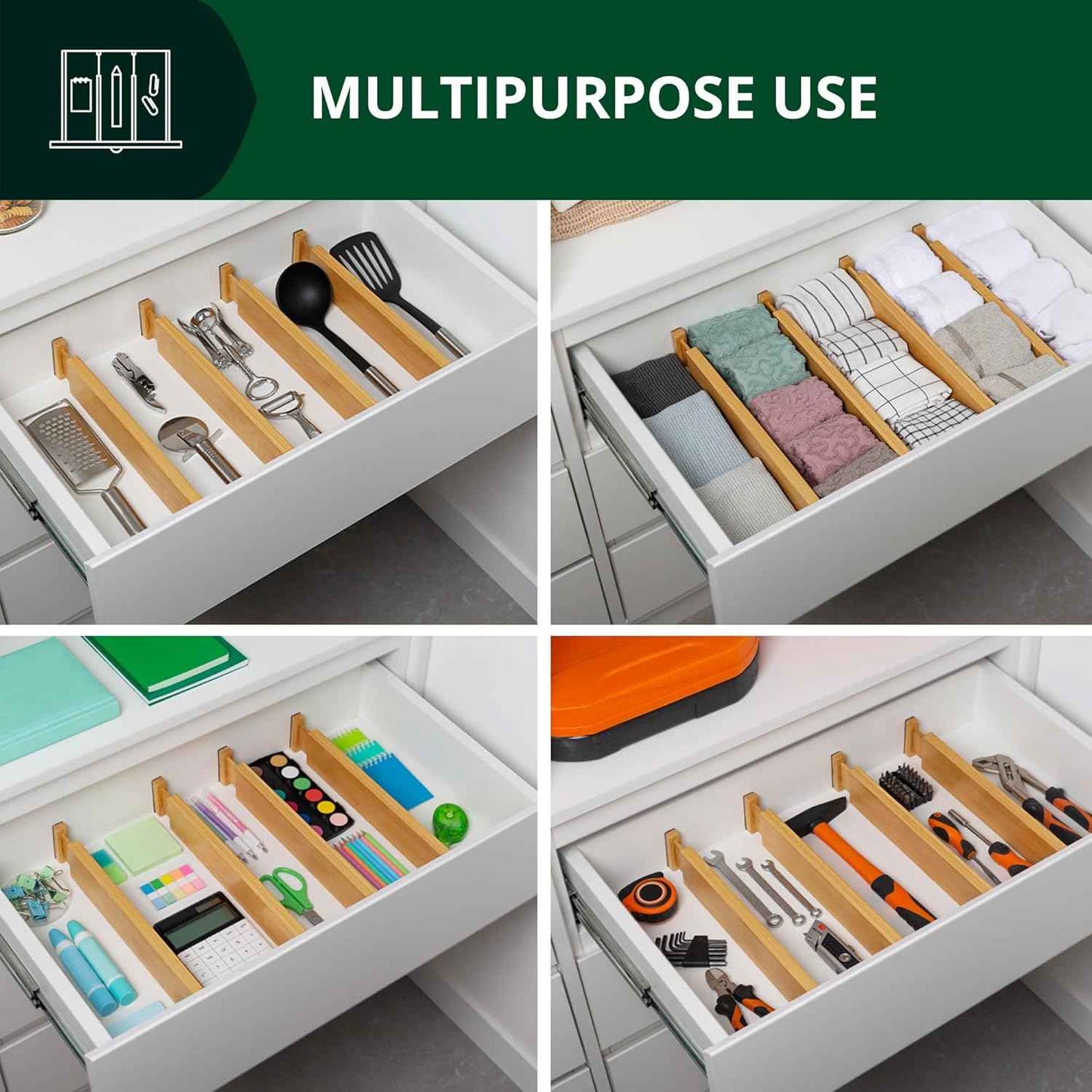 Bamboo Drawer Dividers Organizers, Adjustable Drawer Separator Splitters, 17–22 Inches Expandable Drawer Divider Organizer for Large Utensils, Kitchen, Bedroom, Dresser & Office Drawers 4-Pack