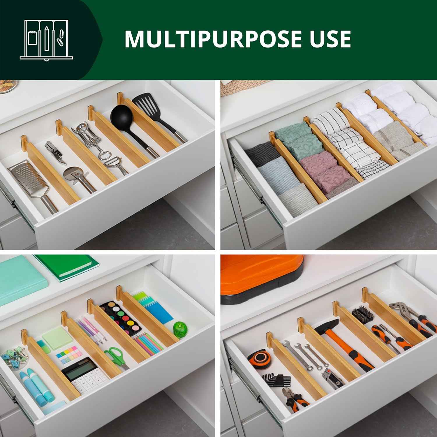 Bamboo Drawer Dividers Organizers, Adjustable Drawer Separator Splitters, 17–22 Inches Expandable Drawer Divider Organizer for Large Utensils, Kitchen, Bedroom, Dresser & Office Drawers 4-Pack