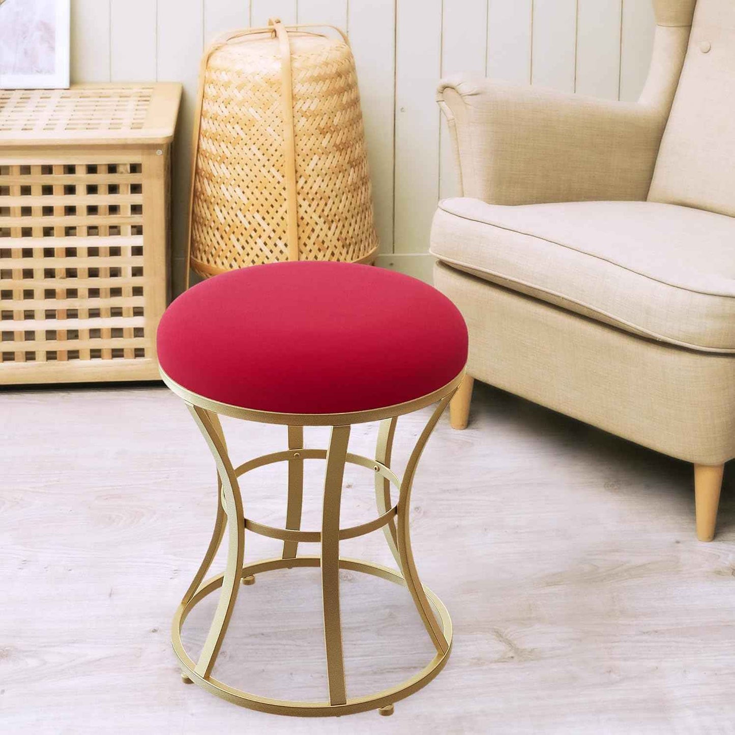 Velvet Round Vanity Stool,Red Velvet Footrest Ottoman Foot Stool Seat with Golden Metal Legs,Makeup Chair for Bathroom Vanity,Bedroom,Living Room
