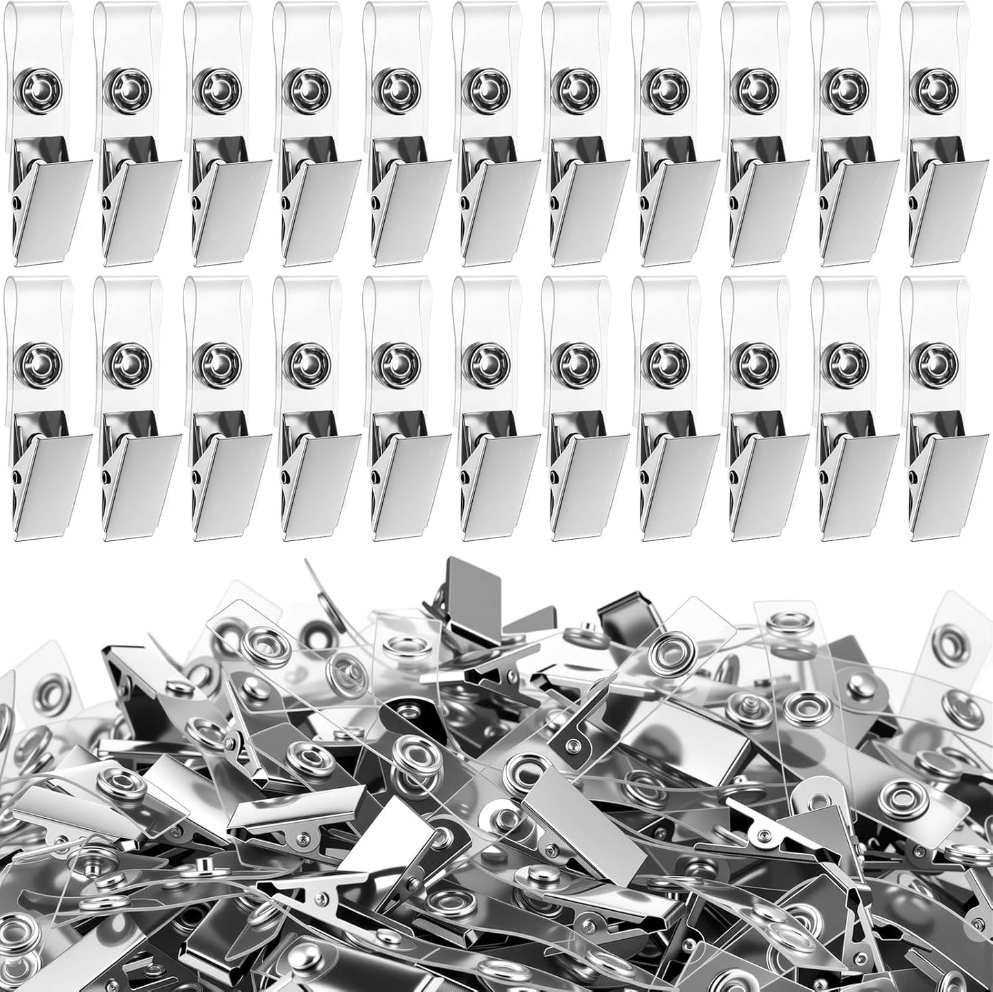 Marspark 200 Pack Metal Badge Clips with Clear PVC Straps ID Badge Clips for Name Tag ID Cards and Holders, Office Supplies (Silver,Non-Hole)